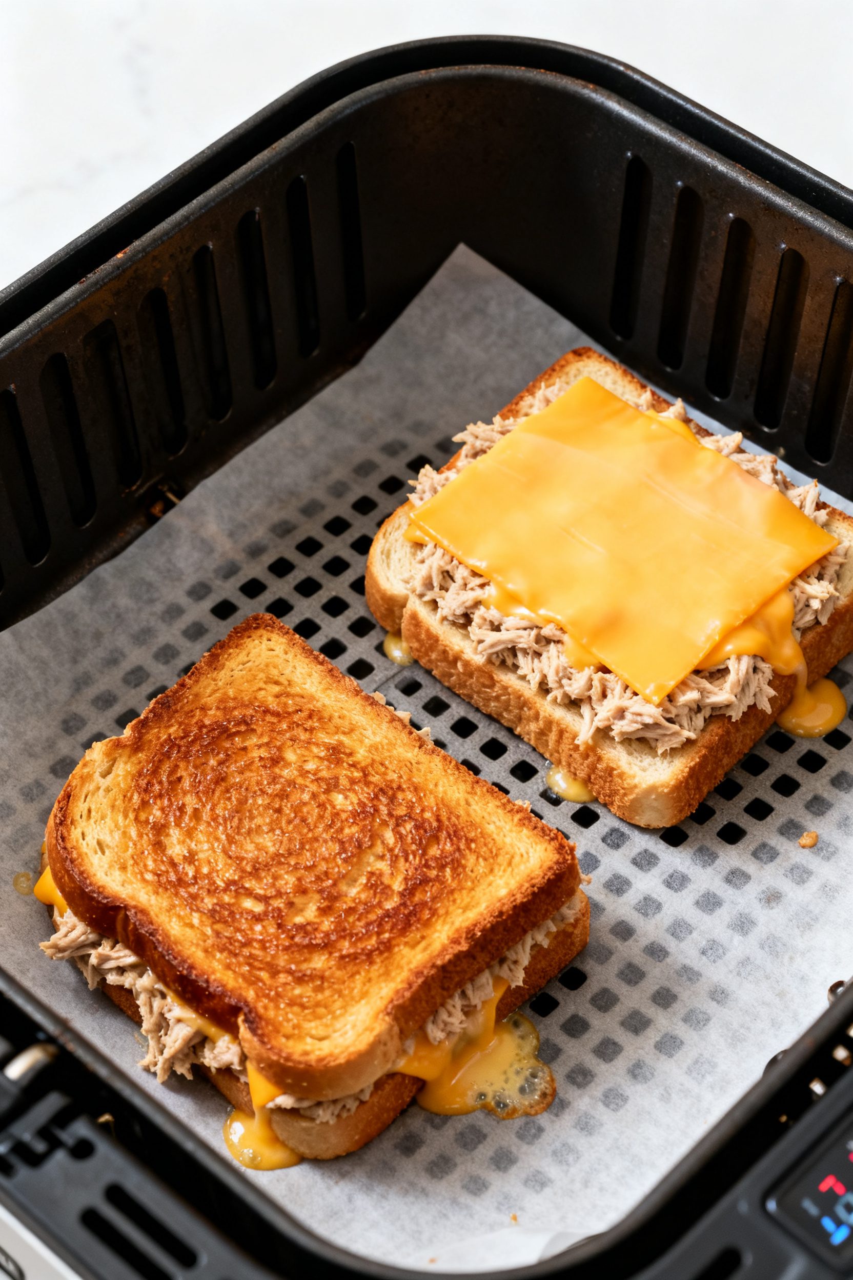 Cooking process: Two assembled tuna melt sandwiches inside an air fryer basket lined with perforated