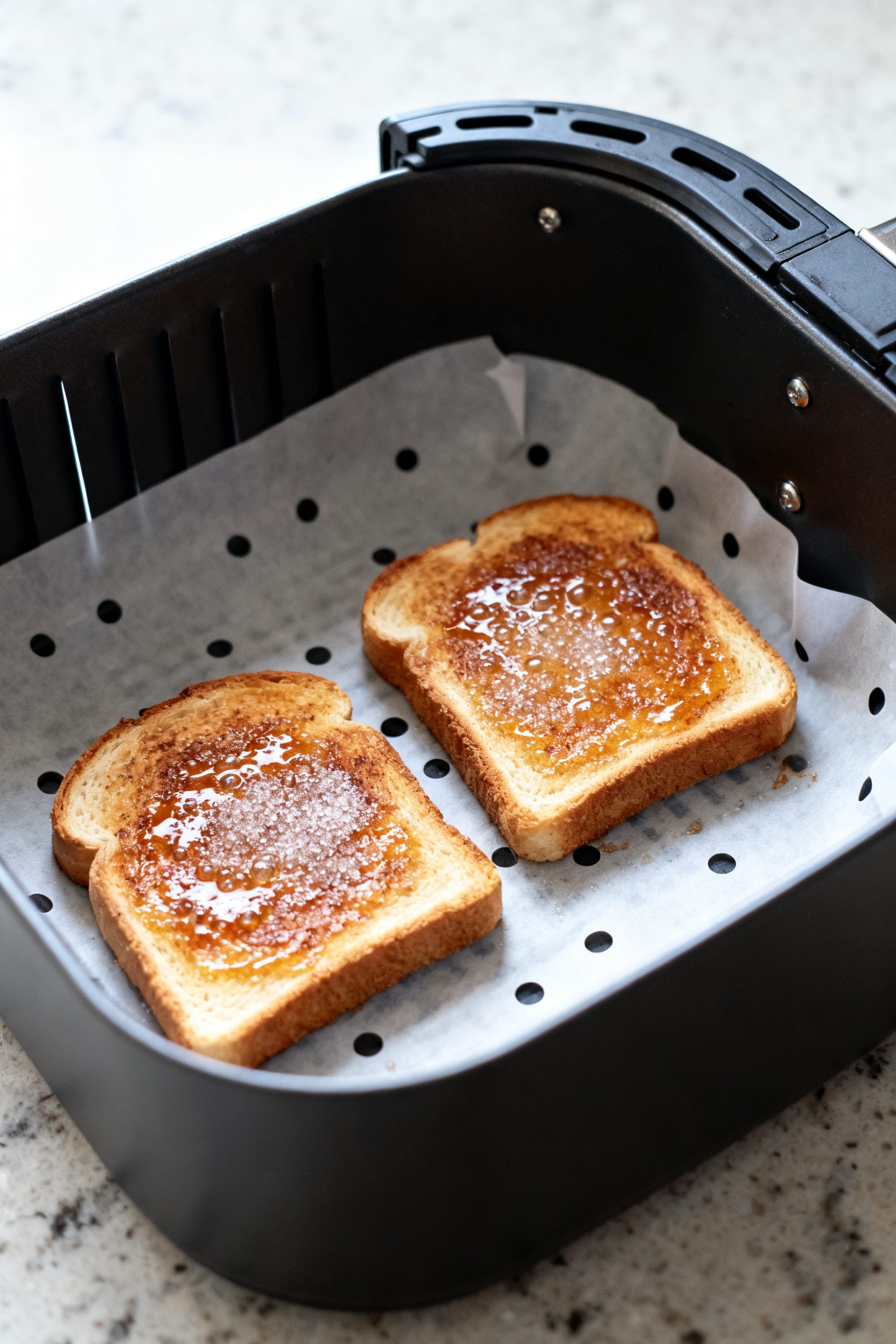 Cooking process: Two slices of cinnamon toast inside an open air fryer basket lined with perforated 