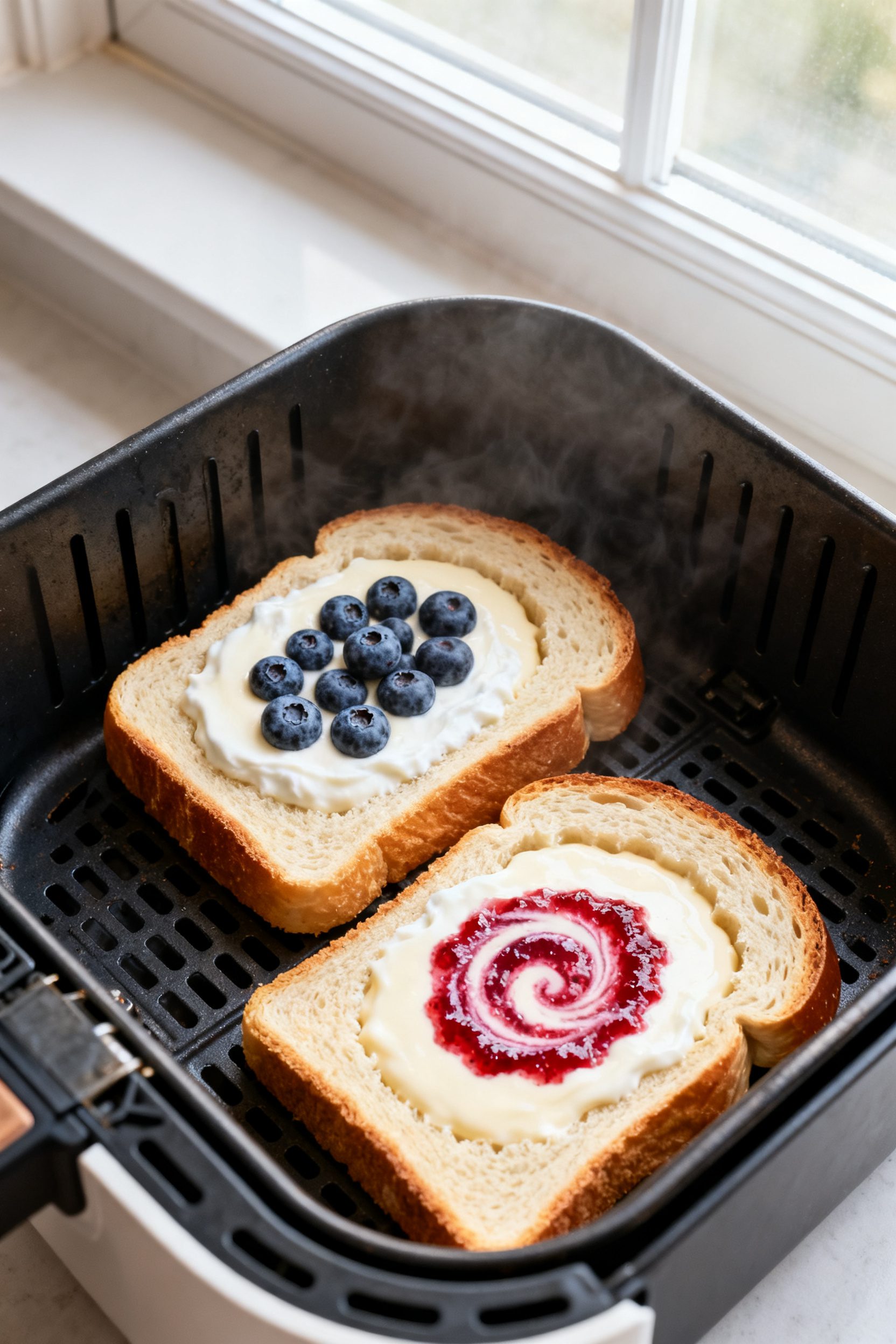 Cooking process: Two thick slices of challah in an air fryer basket mid-cook, each with a neatly pre