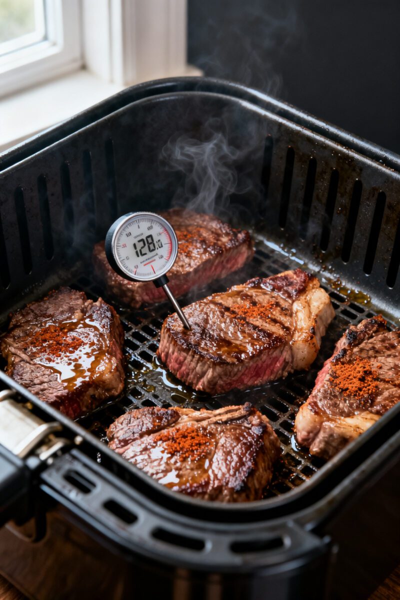 Cooking process: Venison steaks in an open air fryer basket at 400°F mid-cook, just flipped, showin