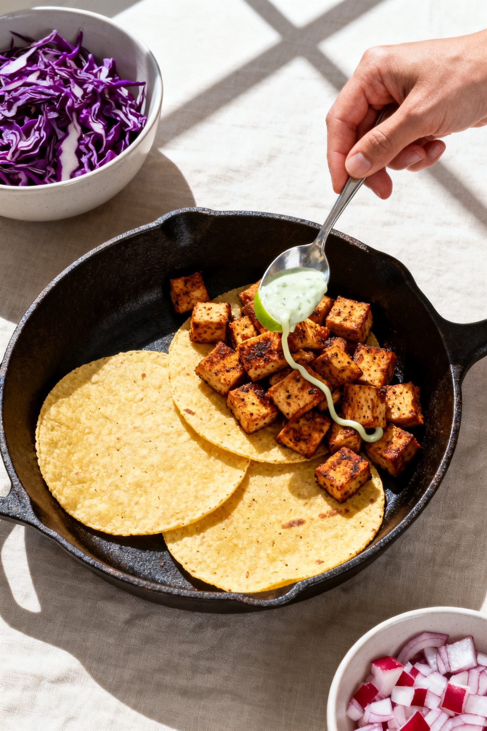 Cooking process: Warm corn tortillas on a cast-iron skillet with a scoop of freshly air-fried, spice