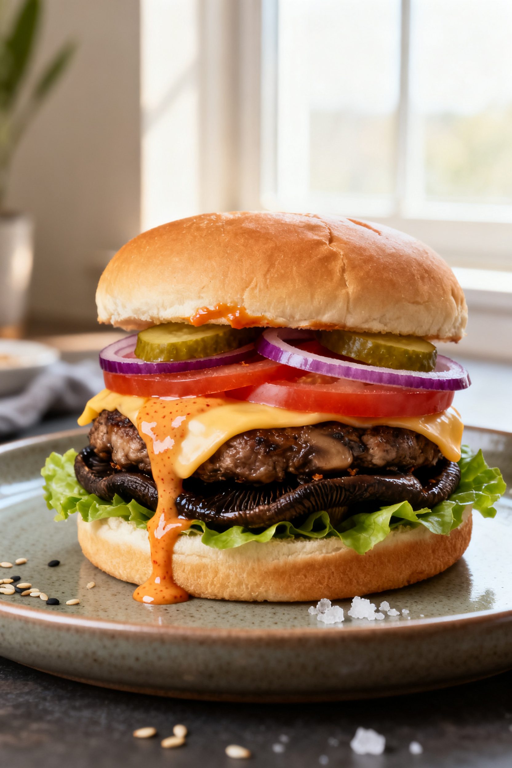 Final burger beauty shot: Juicy Air Fryer Portobello Mushroom Burger stacked on a soft toasted brioc