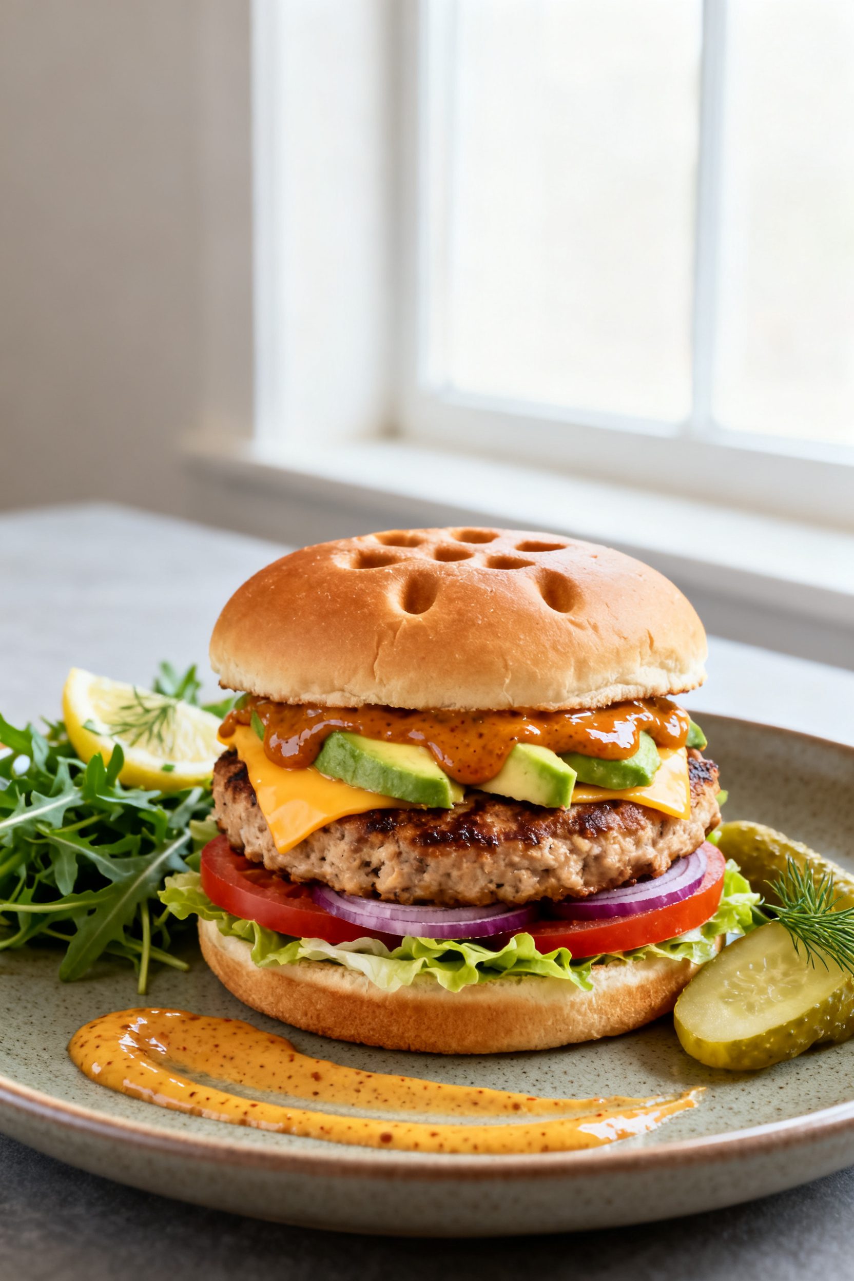 Final burger presentation: Beautifully plated air fryer turkey burger on a toasted brioche bun with