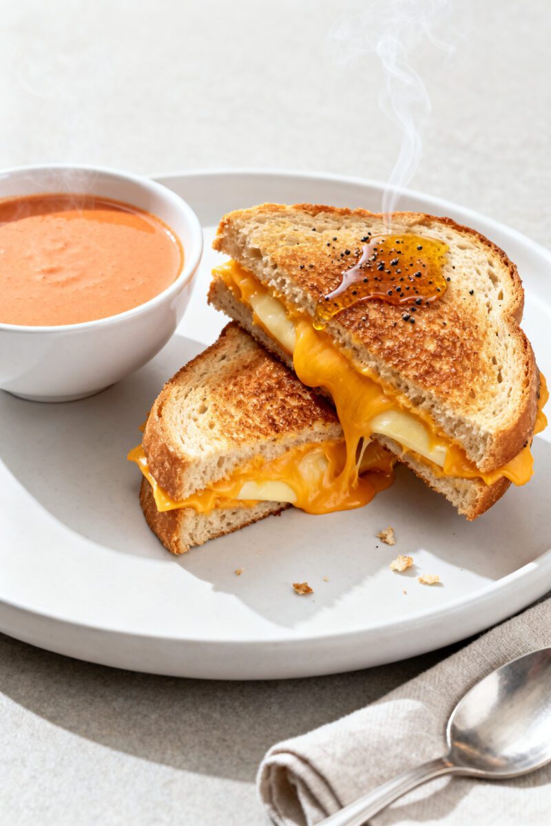 Final dish: Beautifully plated “Sharp & Melty” version—sourdough grilled cheese cut on the dia