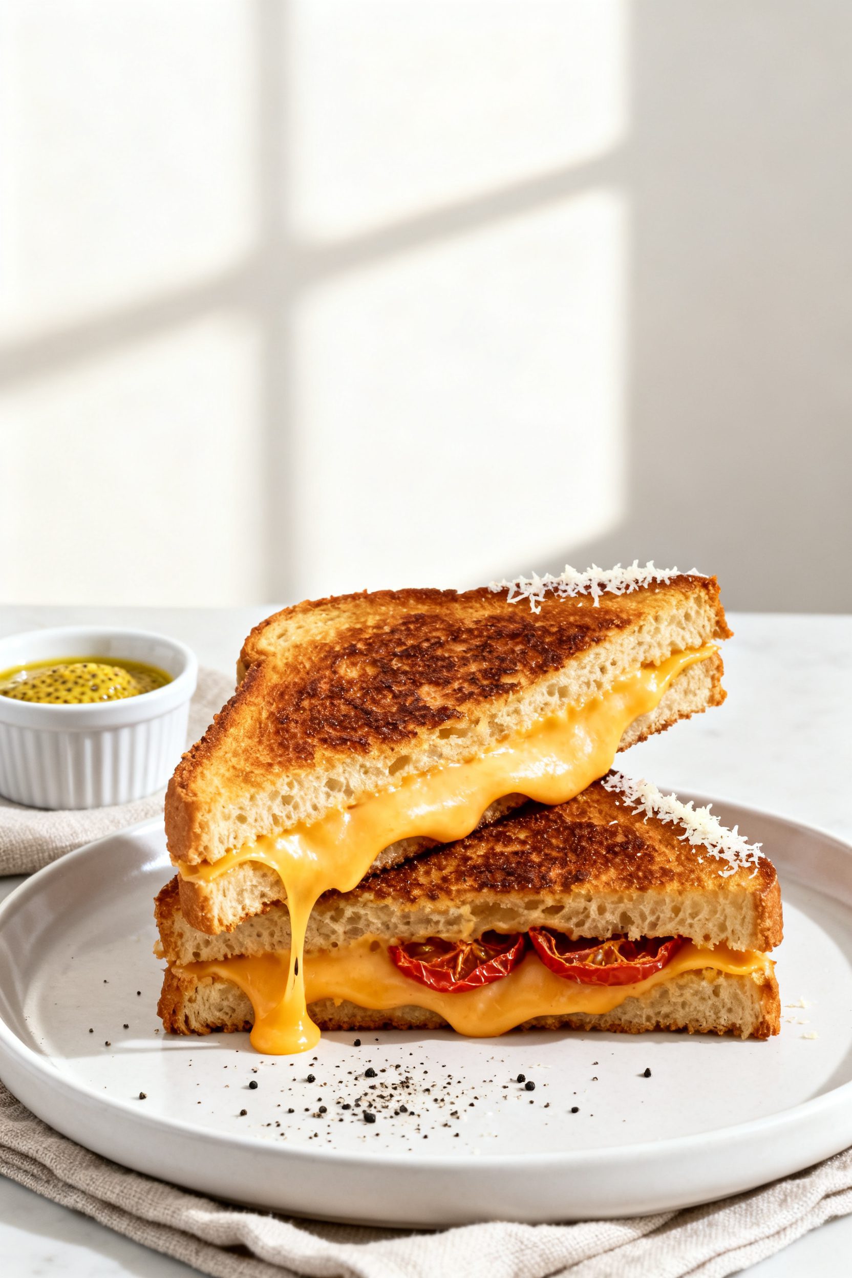 Final dish beauty plate: A perfectly air-fried grilled cheese sliced diagonally and stacked for a dr
