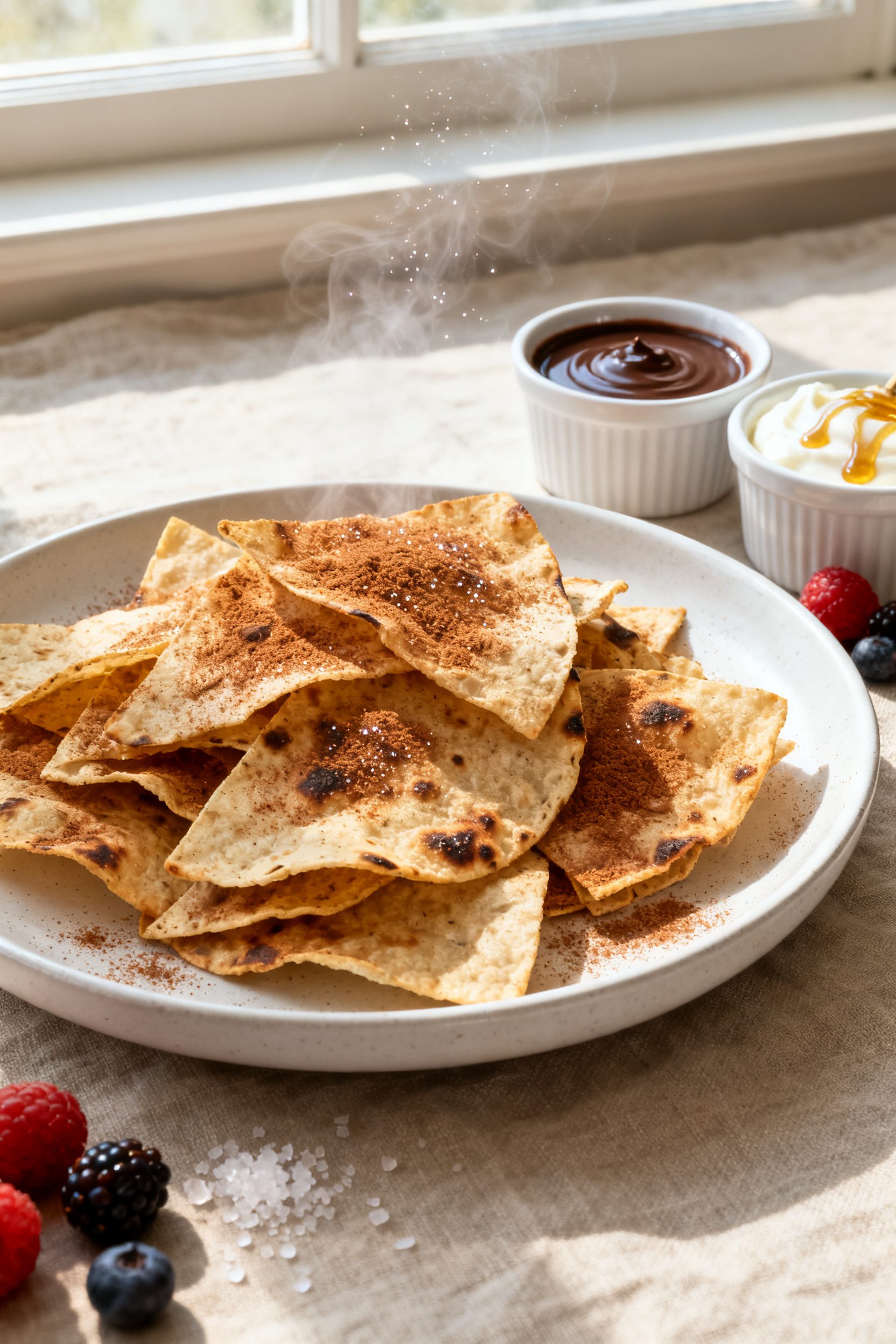 Final dish beauty shot: Pile of warm air fryer cinnamon sugar chips on a matte white plate, dusted l