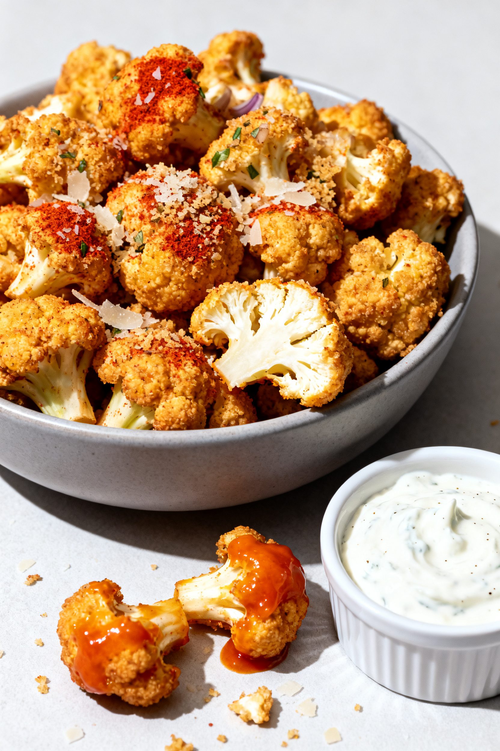 Final dish hero: Beautifully plated popcorn cauliflower, restaurant-quality presentation in a shallo