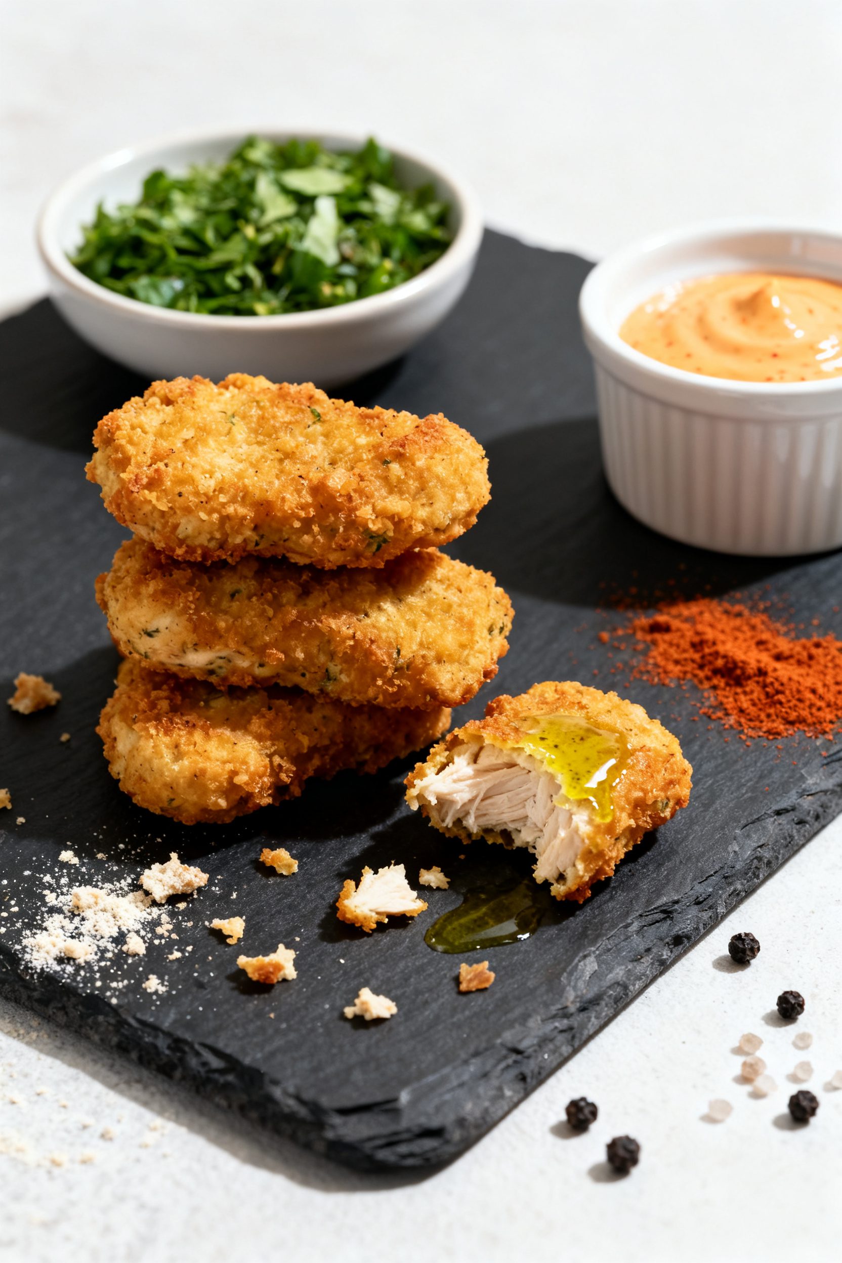 Final dish hero: Restaurant-quality presentation of crispy air-fried paleo chicken nuggets stacked c