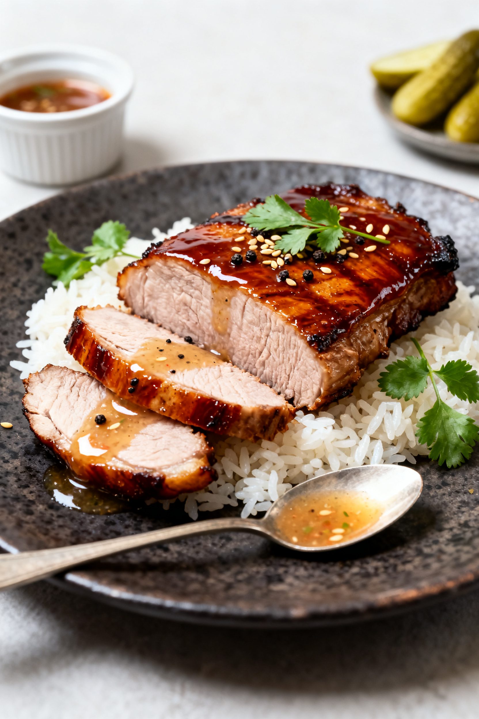 Final dish hero shot at a 45-degree angle: Vietnamese pork chop sliced to show juicy interior (145°