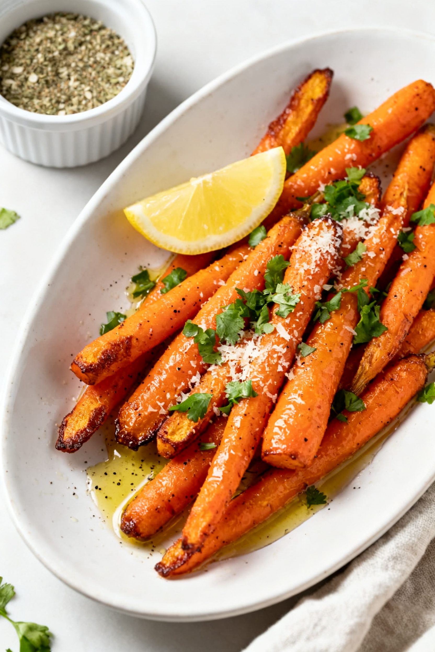Final dish plated: Beautifully plated Air Fryer Ranch Carrots on a white ceramic oval platter, glist