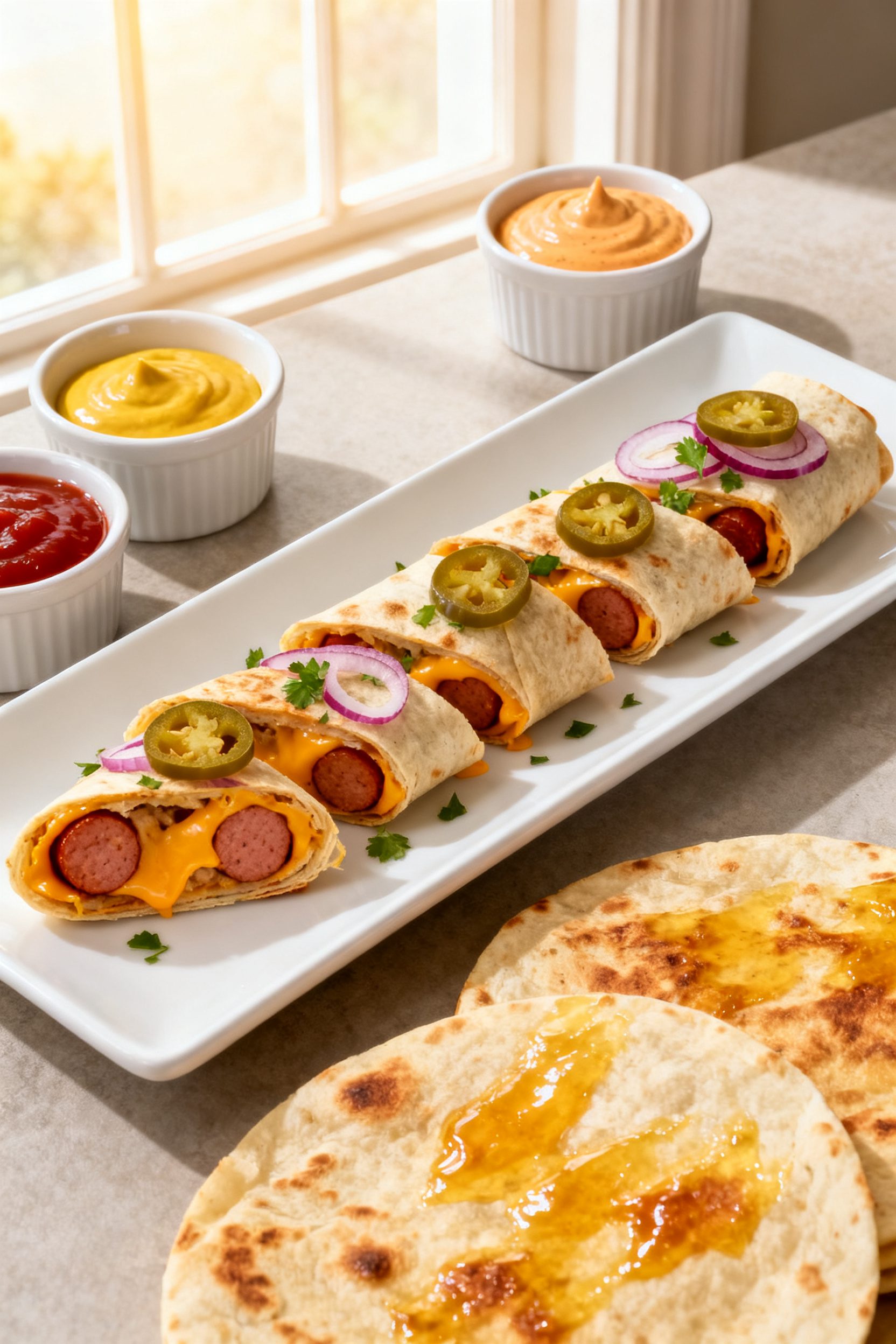 Final dish, plated: Beautifully plated Air Fryer Tortilla Wrapped Hot Dogs sliced on a diagonal to r