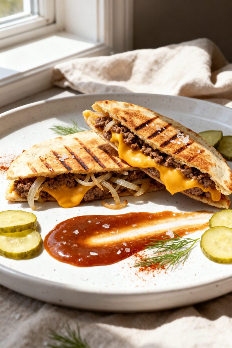 Final dish, plated hero: Restaurant-quality presentation of a smashburger-style cheeseburger quesadi