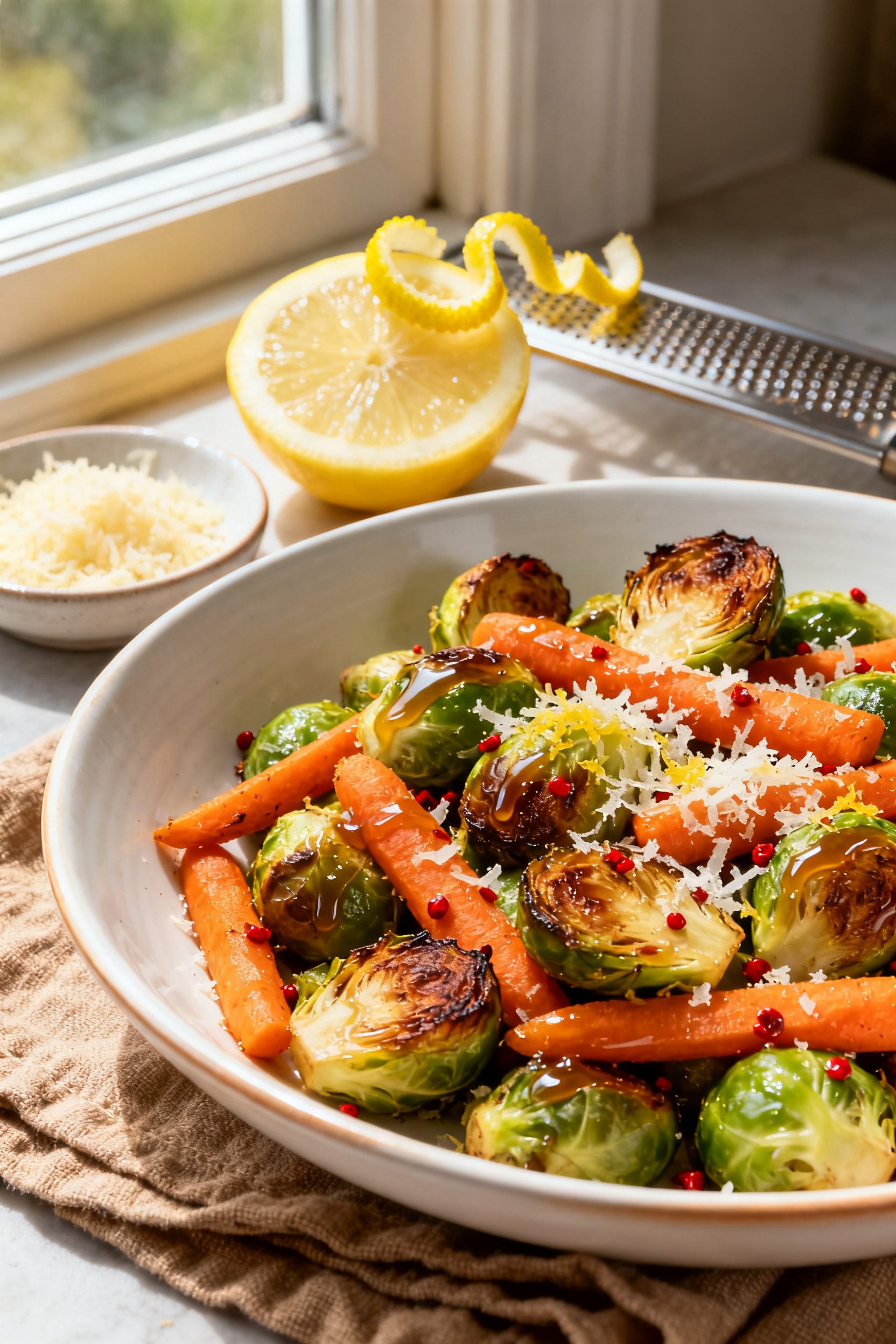 Final dish, plated presentation: Air Fryer Brussels Sprouts and Carrots tossed post-cook with lemon 
