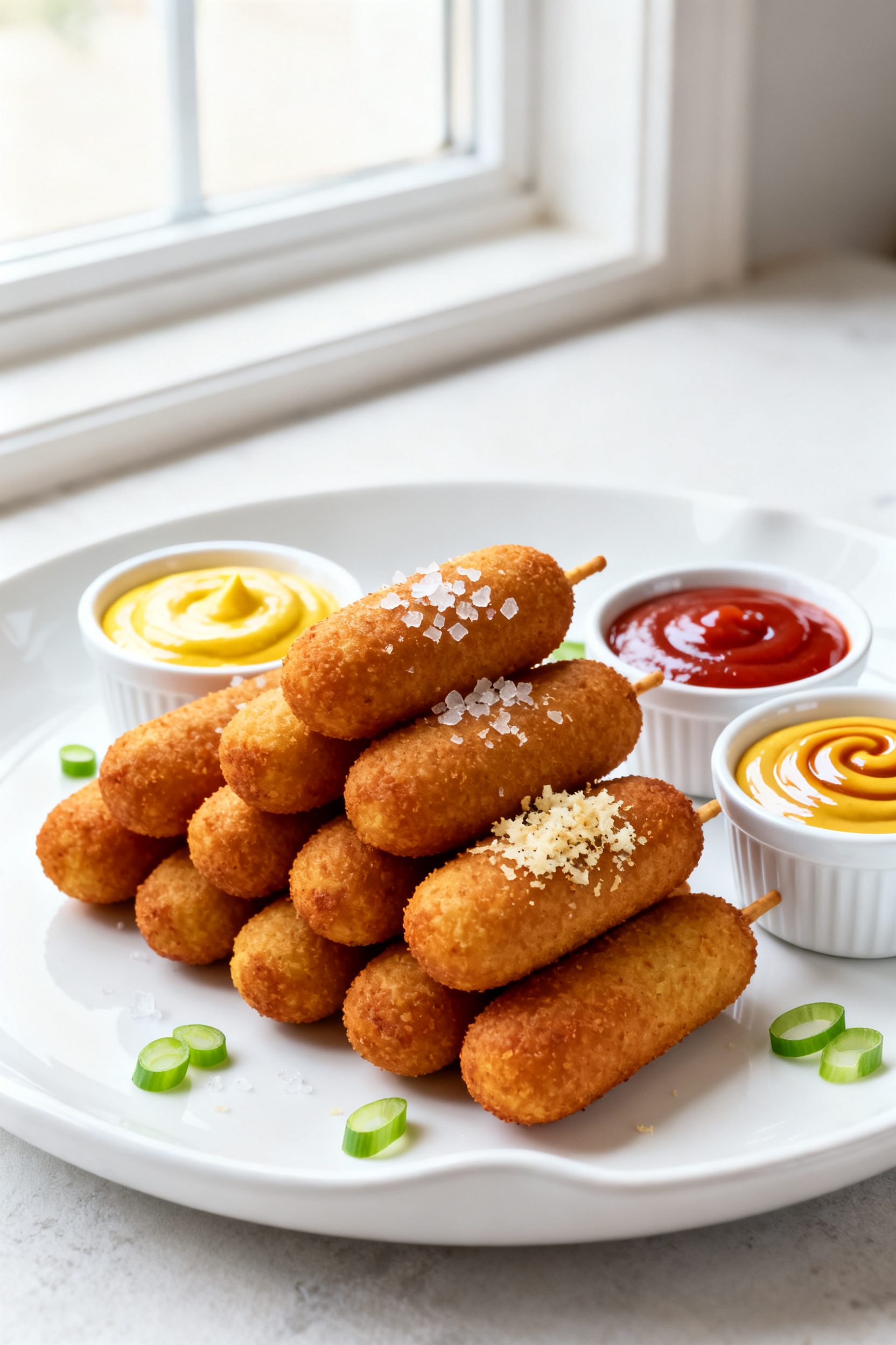 Final dish, plated presentation: Beautifully plated mini corn dogs stacked on a white ceramic platte