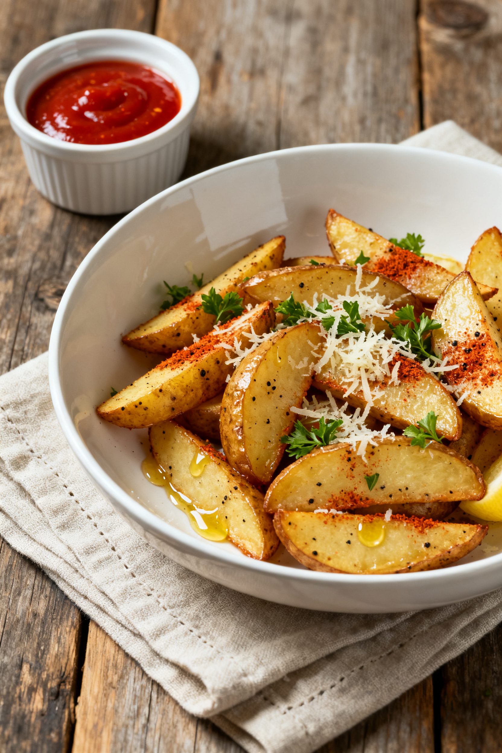 Final dish plating: Restaurant-quality presentation of air fryer potato wedges in a wide shallow whi