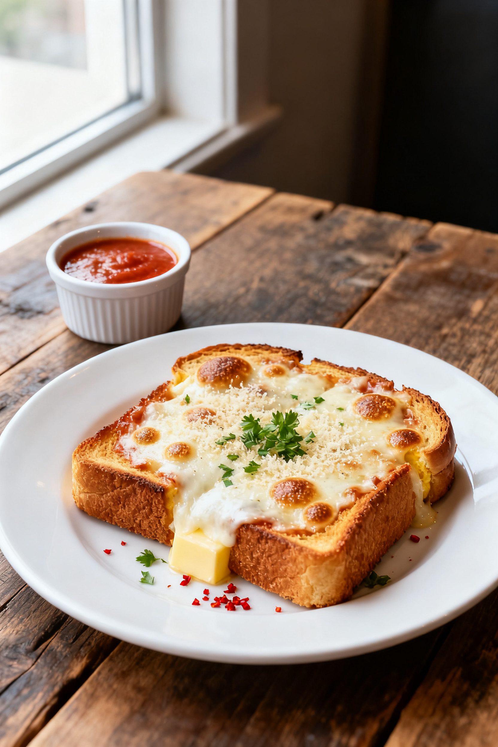 Final dish portrait: Beautifully plated cheesy garlic toast on a matte white plate—thick Texas toa