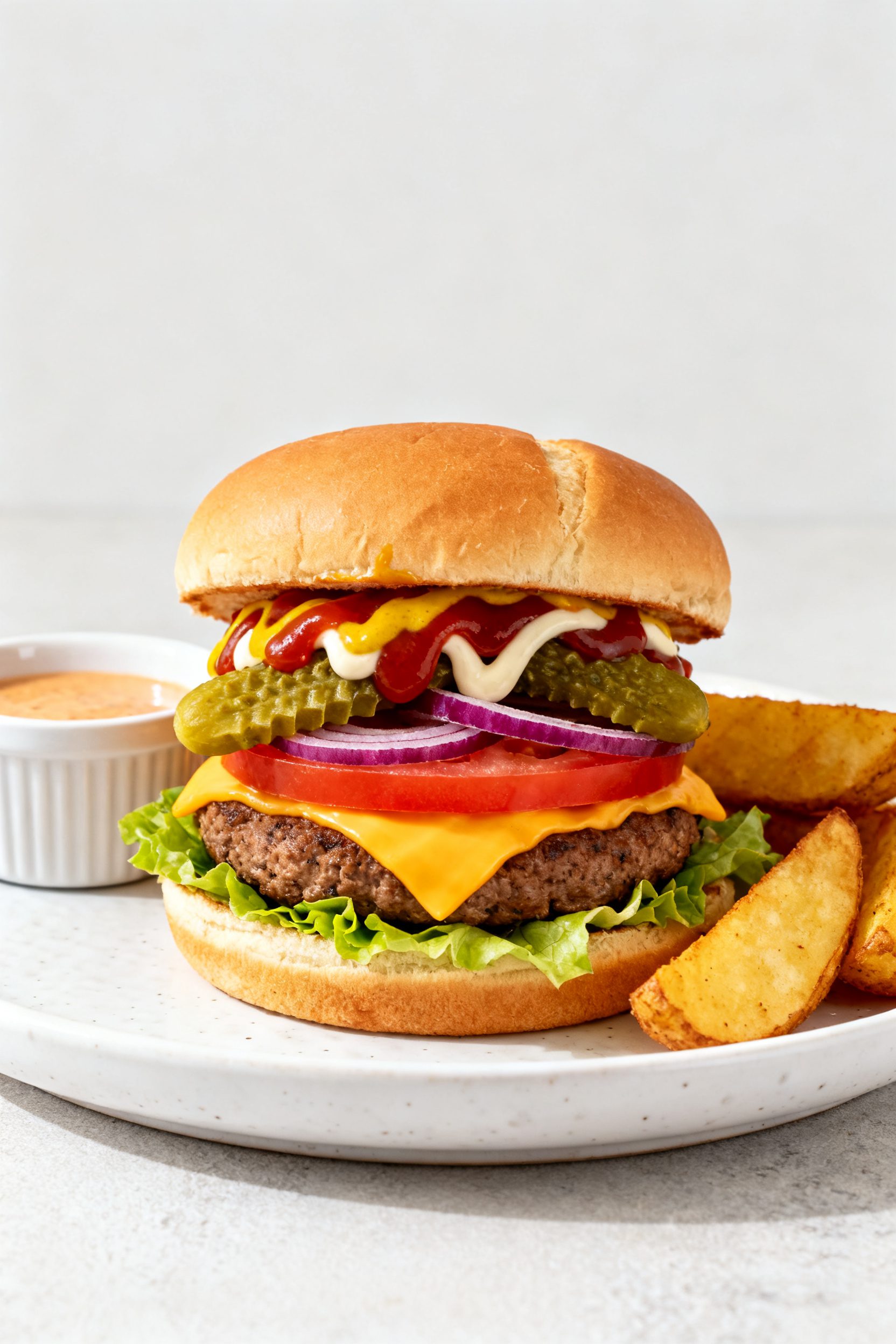 Final dish presentation: A fully assembled Air Fryer Beyond Burger on a lightly toasted brioche bun,