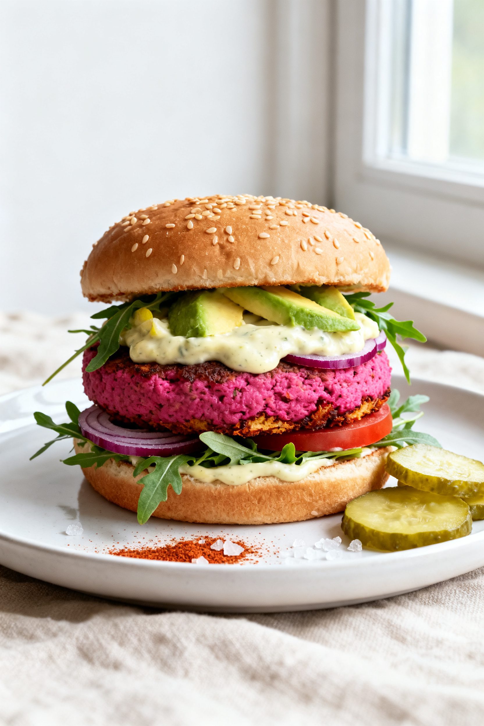 Final dish presentation: A fully assembled Air Fryer Pink Veggie Burger on a toasted sesame bun, lay