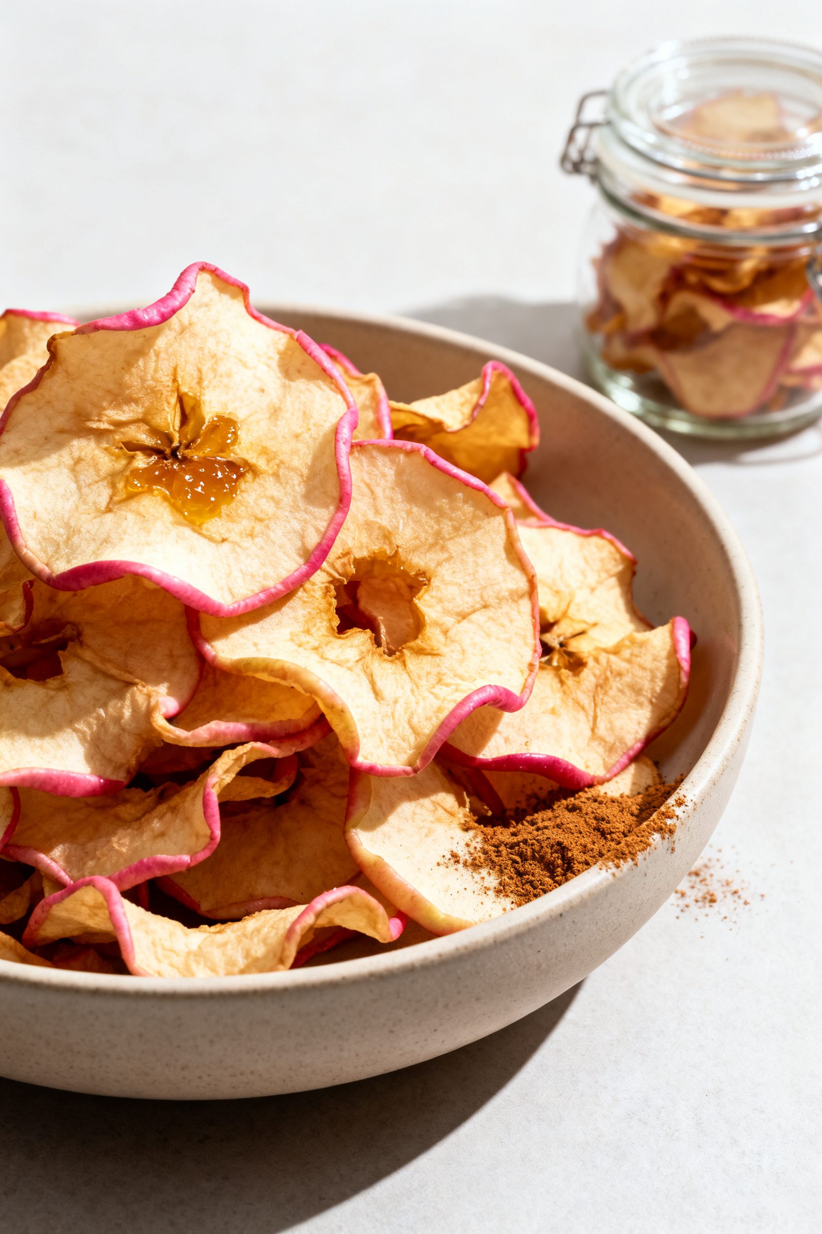 Final dish presentation: a low, wide ceramic bowl heaped with ultra-crispy apple chips, garnished wi