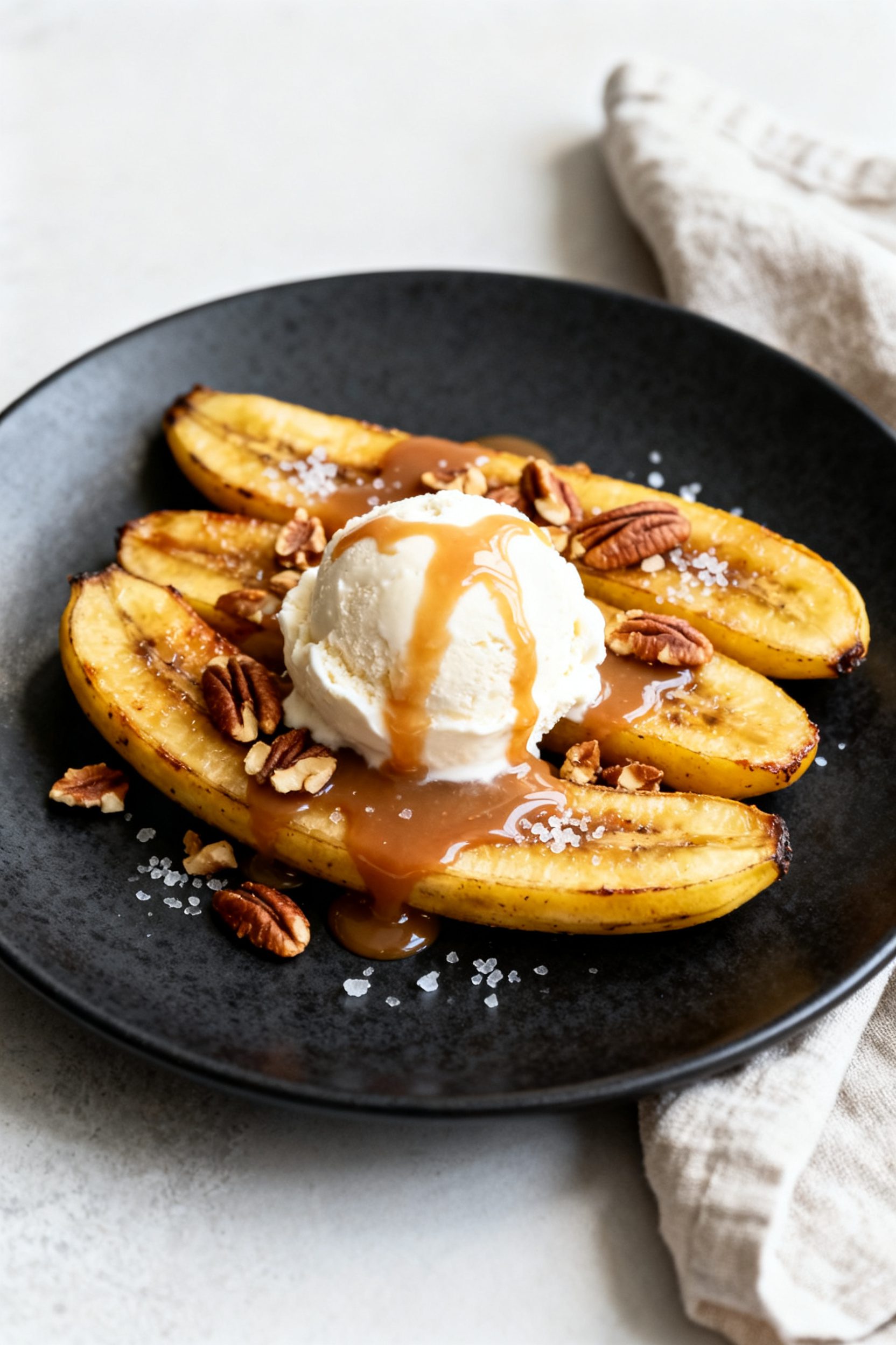 Final dish presentation: Air fryer caramelized banana halves arranged lengthwise on a matte black de