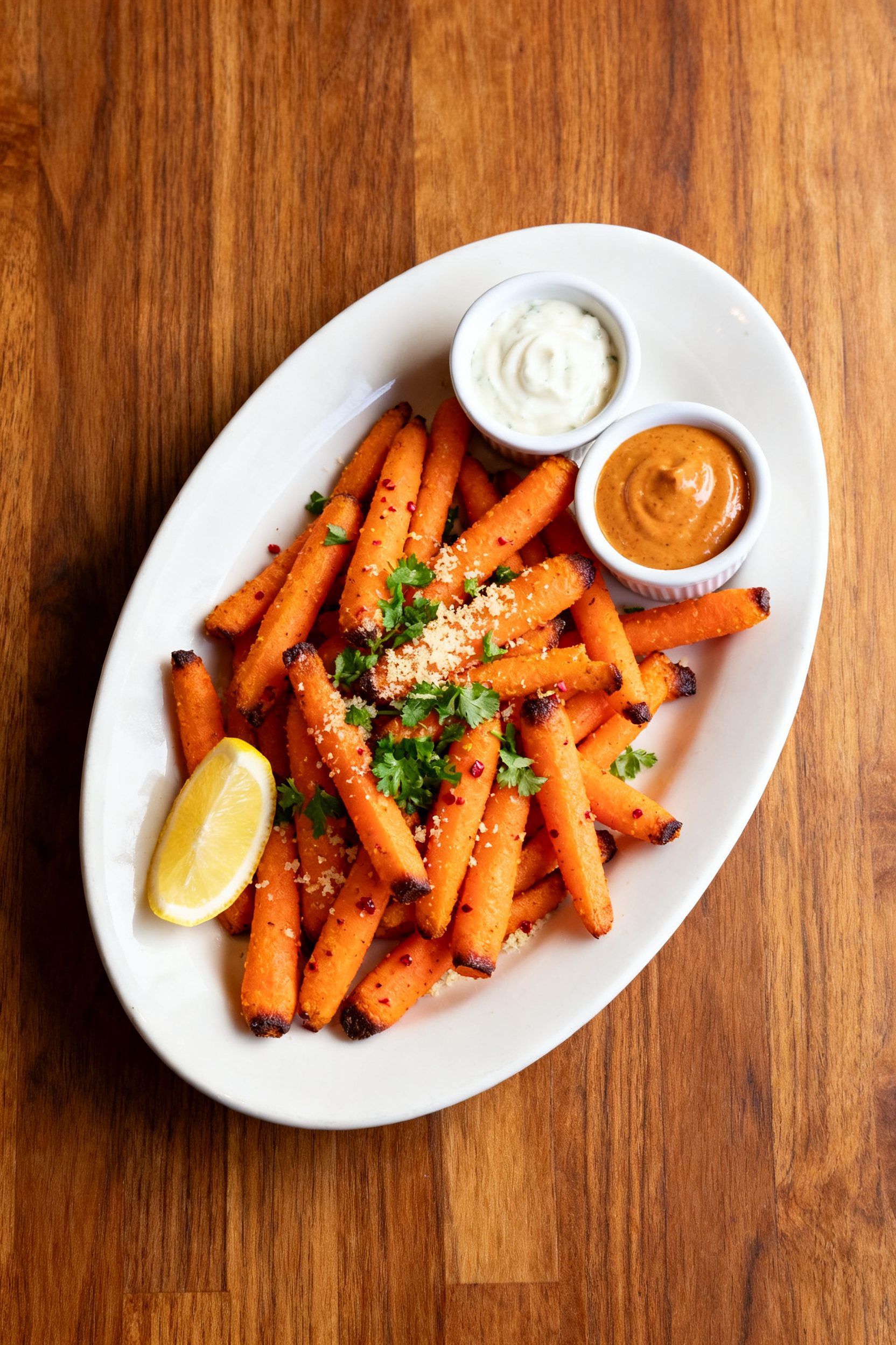 Final dish presentation: Baby carrot fries arranged like classic fries on a white oval plate, garnis