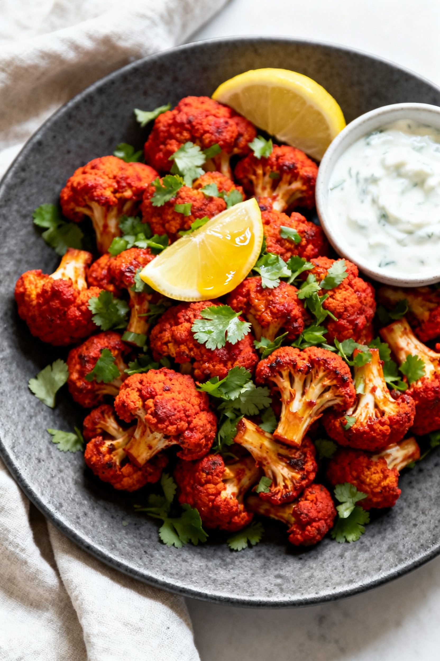 Final dish presentation: Beautifully plated Air Fryer Tandoori Cauliflower on a matte charcoal plate