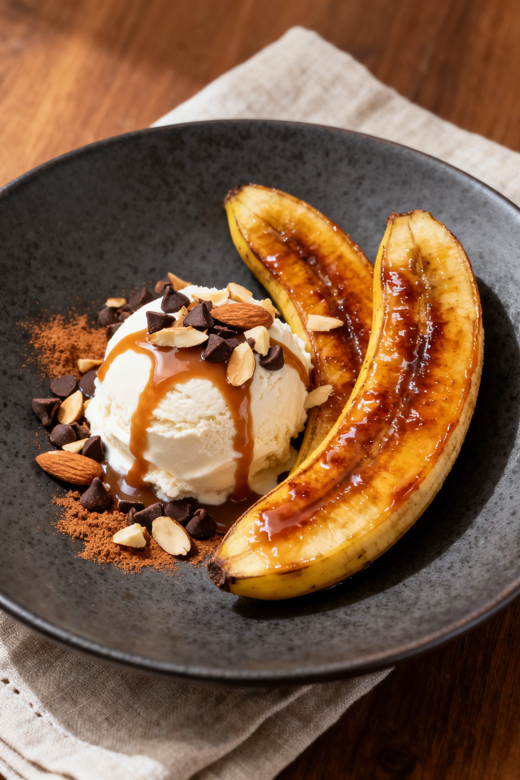 Final dish presentation: Beautifully plated Air Fryer Banana Dessert sundae—banana halves with lac