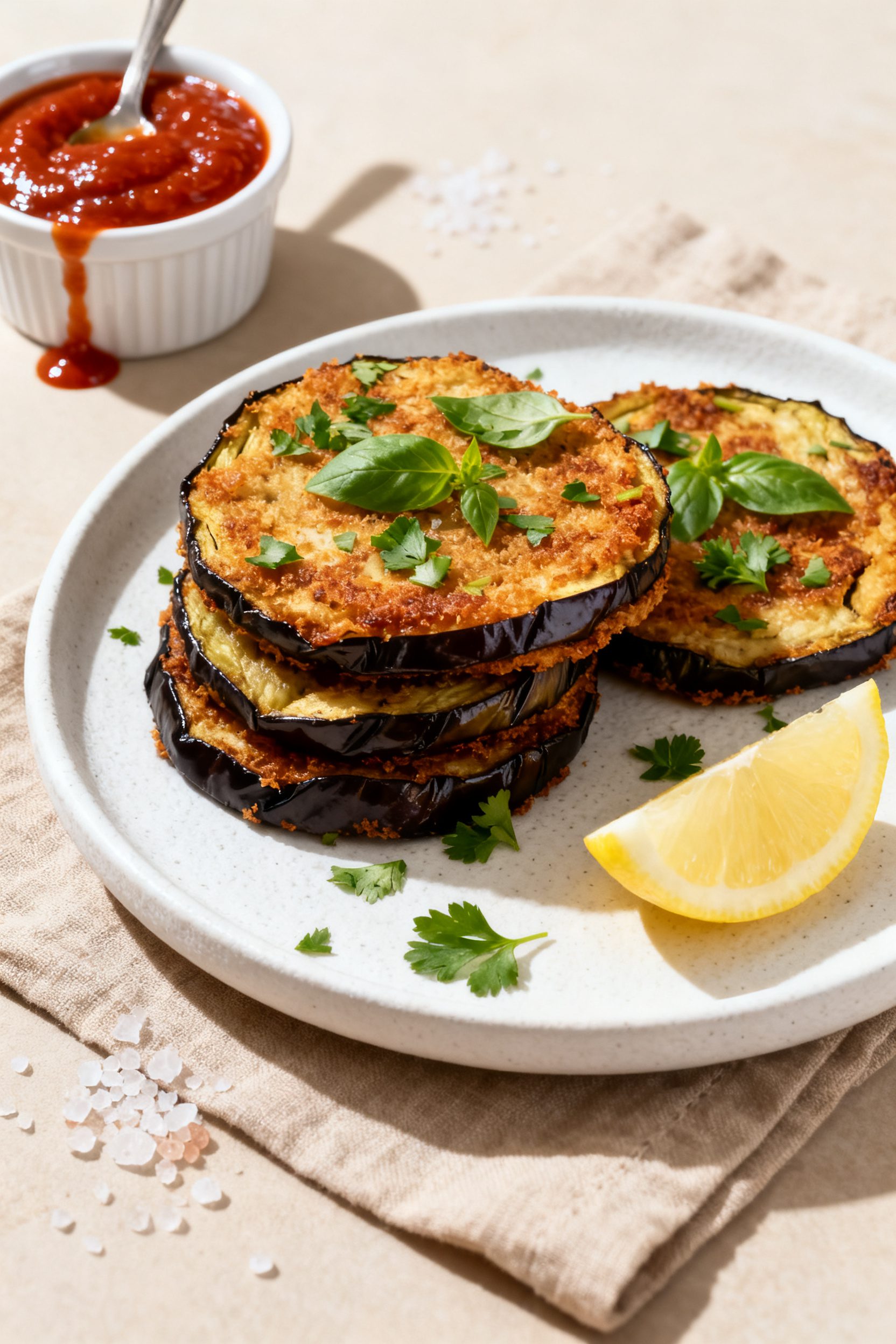 Final dish presentation: Beautifully plated air fryer crispy eggplant cutlets stacked slightly offse