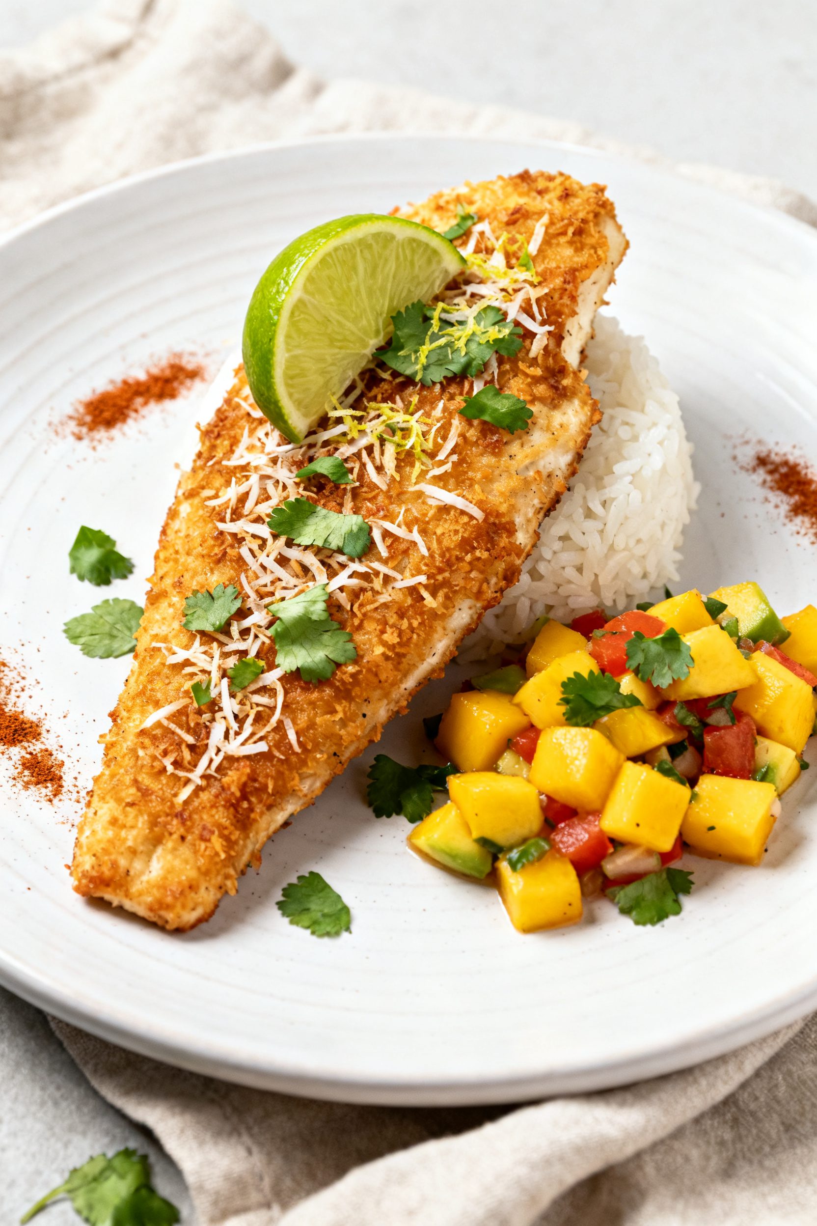 Final dish presentation: Beautifully plated Air Fryer Coconut Crusted Tilapia on a white ceramic din