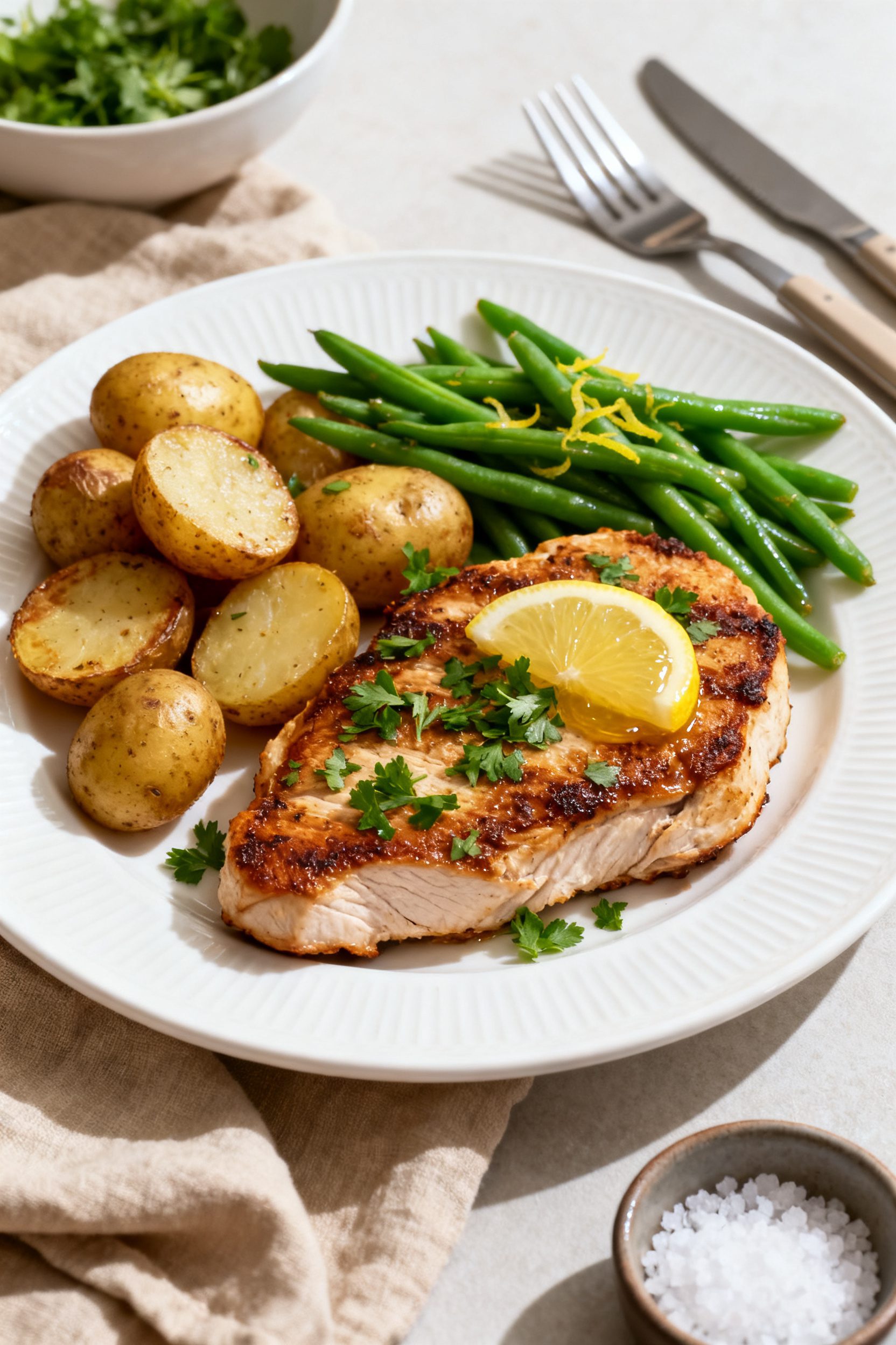Final dish presentation: Beautifully plated Air Fryer Turkey Steaks on a white ceramic dinner plate,