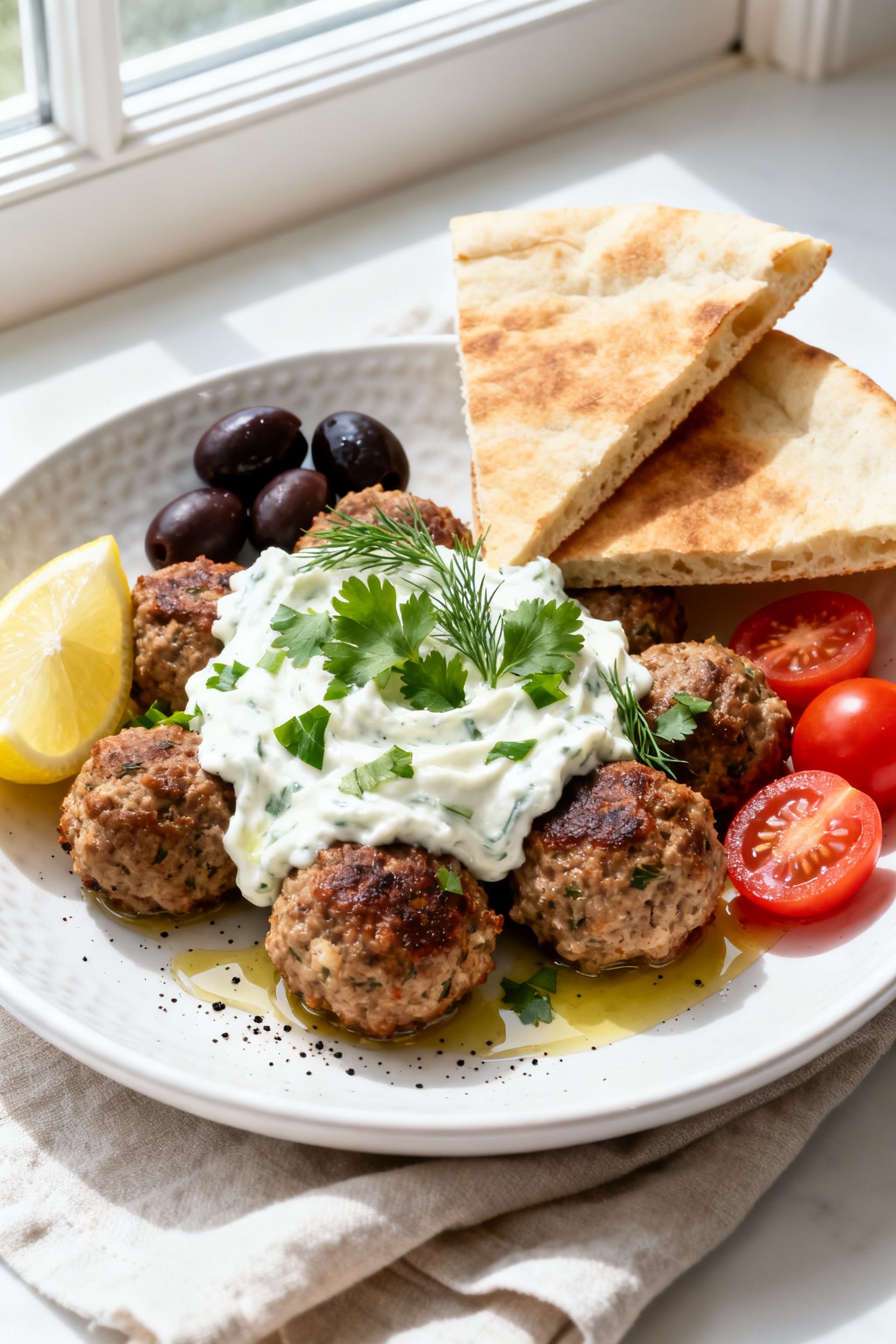 Final dish presentation: Beautifully plated Air Fryer Greek Turkey Meatballs on a white ceramic plat