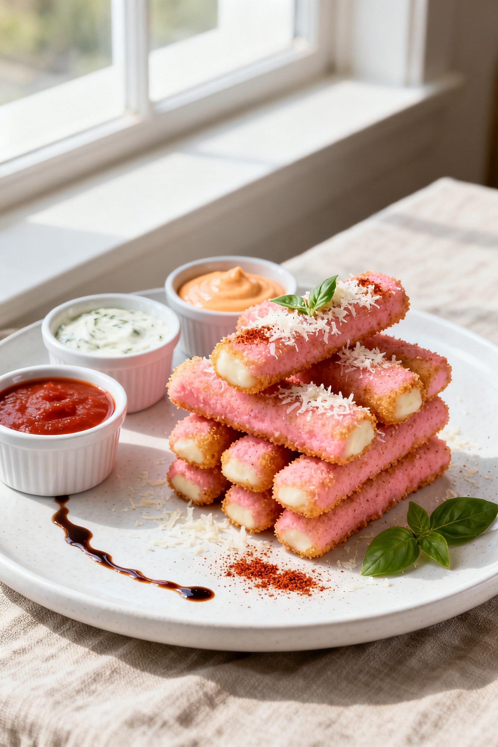 Final dish presentation: Beautifully plated Air Fryer Pink Mozzarella Sticks stacked in a crisscross