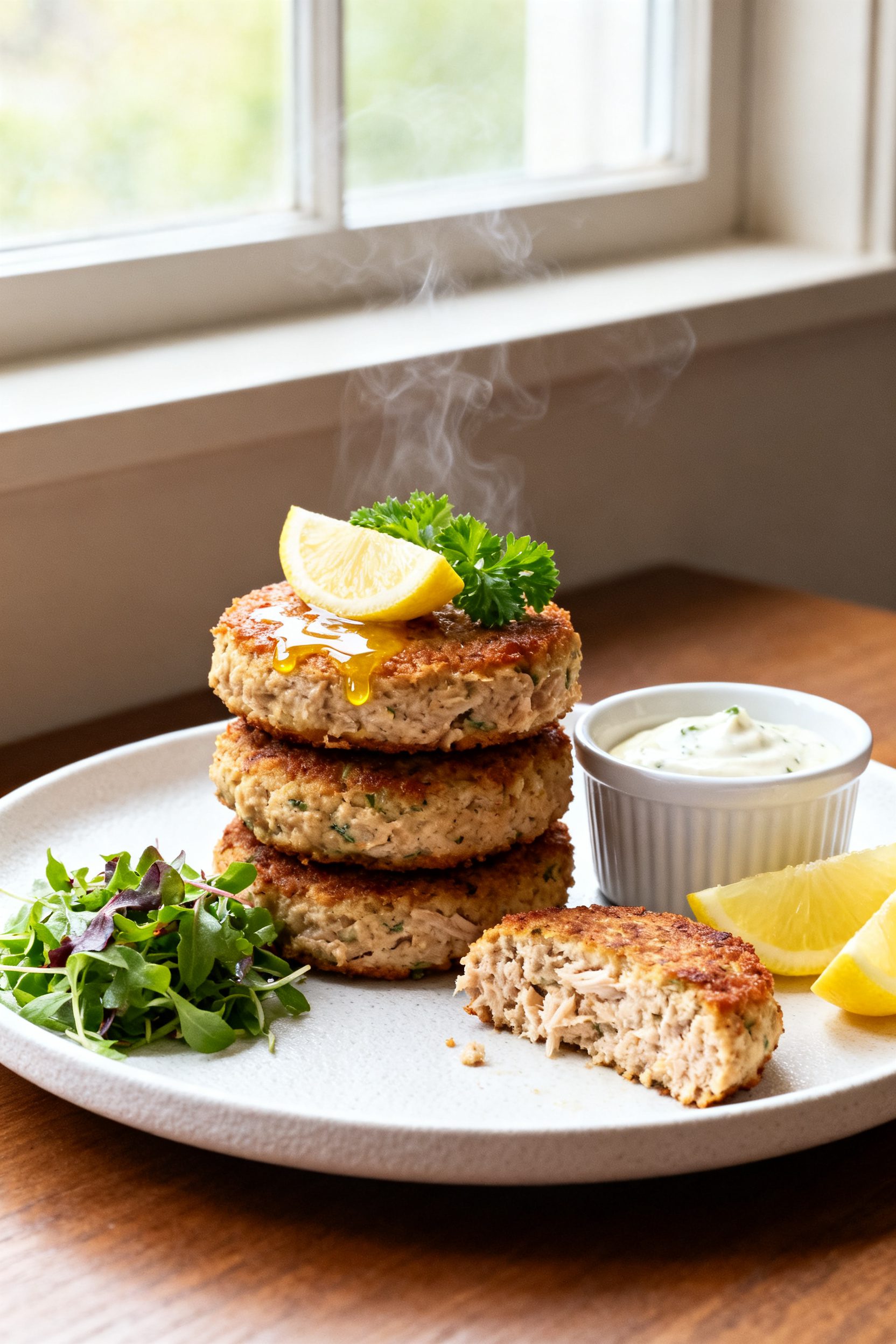 Final dish presentation: Beautifully plated air fryer tuna cakes stacked in a slight offset on a mat