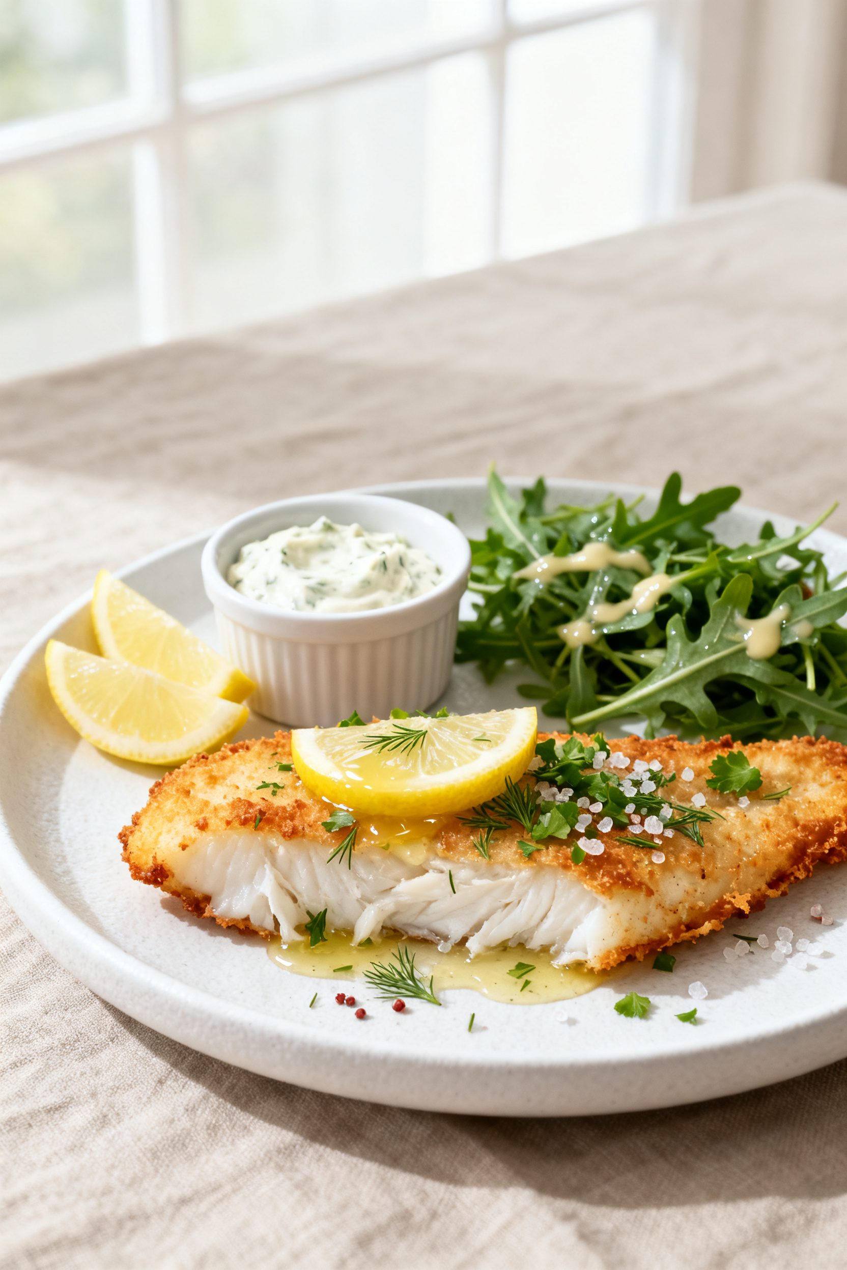 Final dish presentation: Beautifully plated air-fried cod fillets with crispy edges and moist, flaky