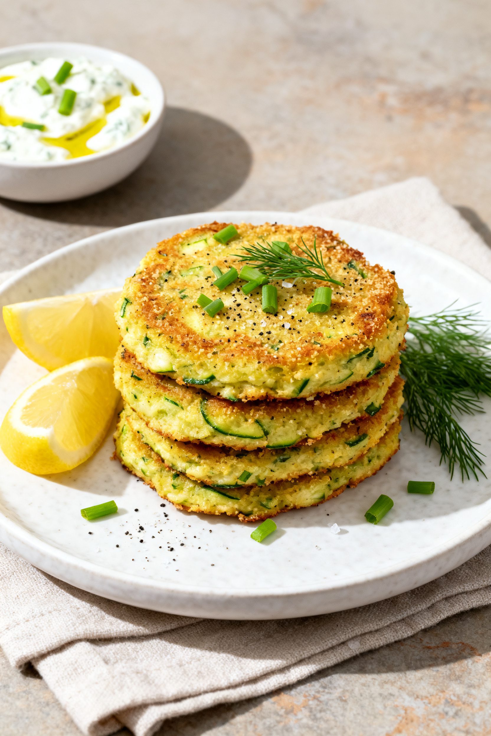 Final dish presentation: Beautifully plated Air Fryer Zucchini Cakes stacked on a matte white plate,