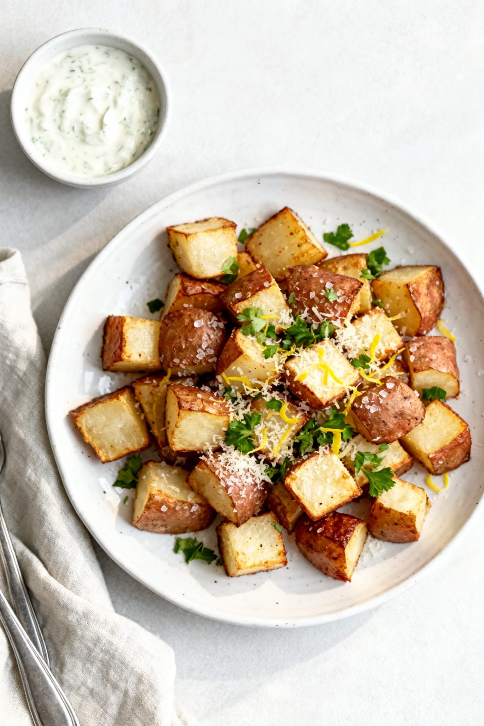 Final dish presentation: Beautifully plated air fryer russet potatoes on a white ceramic plate, top-