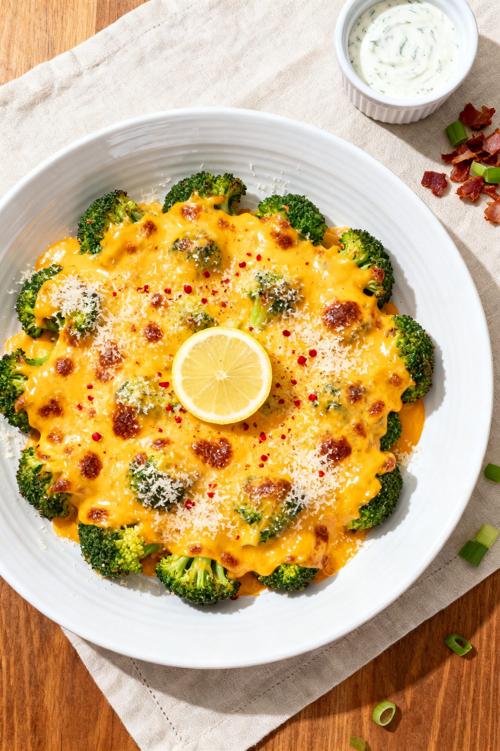 Final dish presentation: Beautifully plated Air Fryer Broccoli and Cheese on a wide white ceramic pl