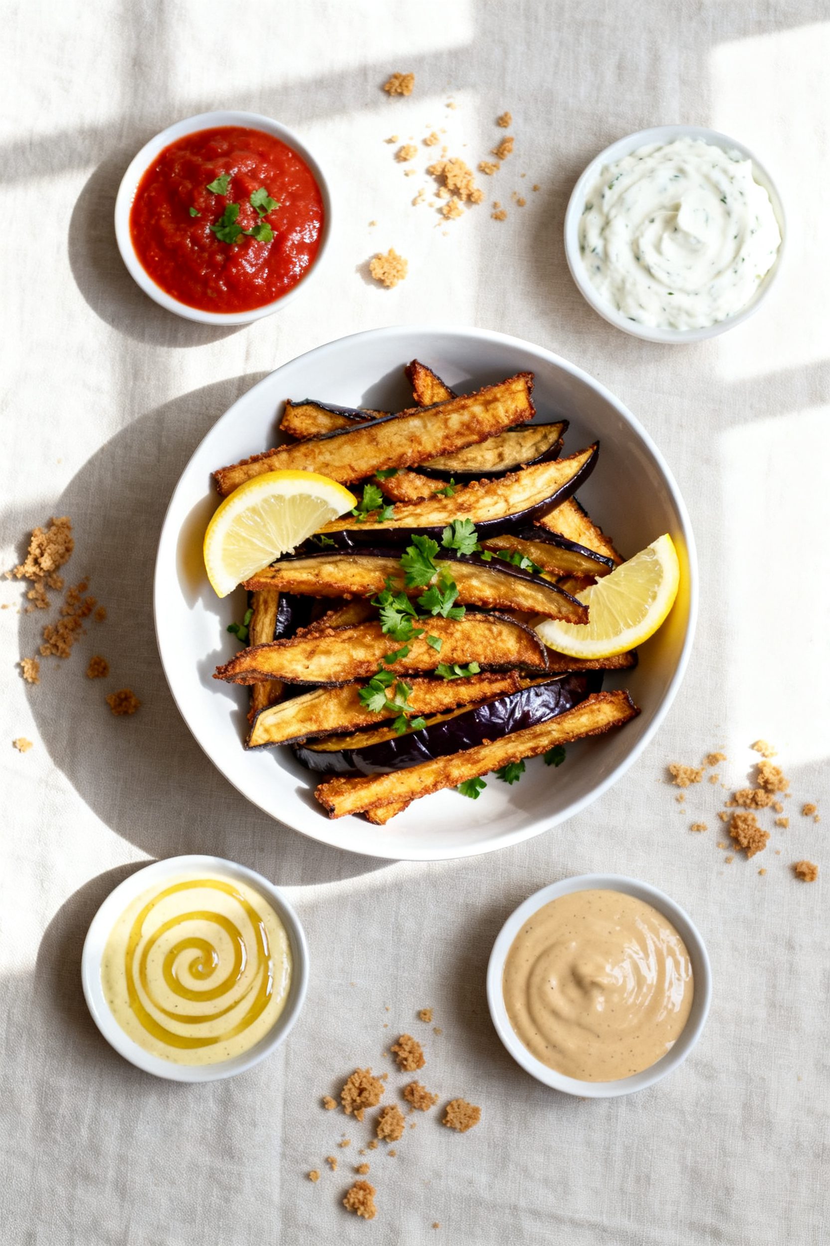 Final dish presentation: Beautifully plated air fryer eggplant fries stacked in a low white bowl, ga