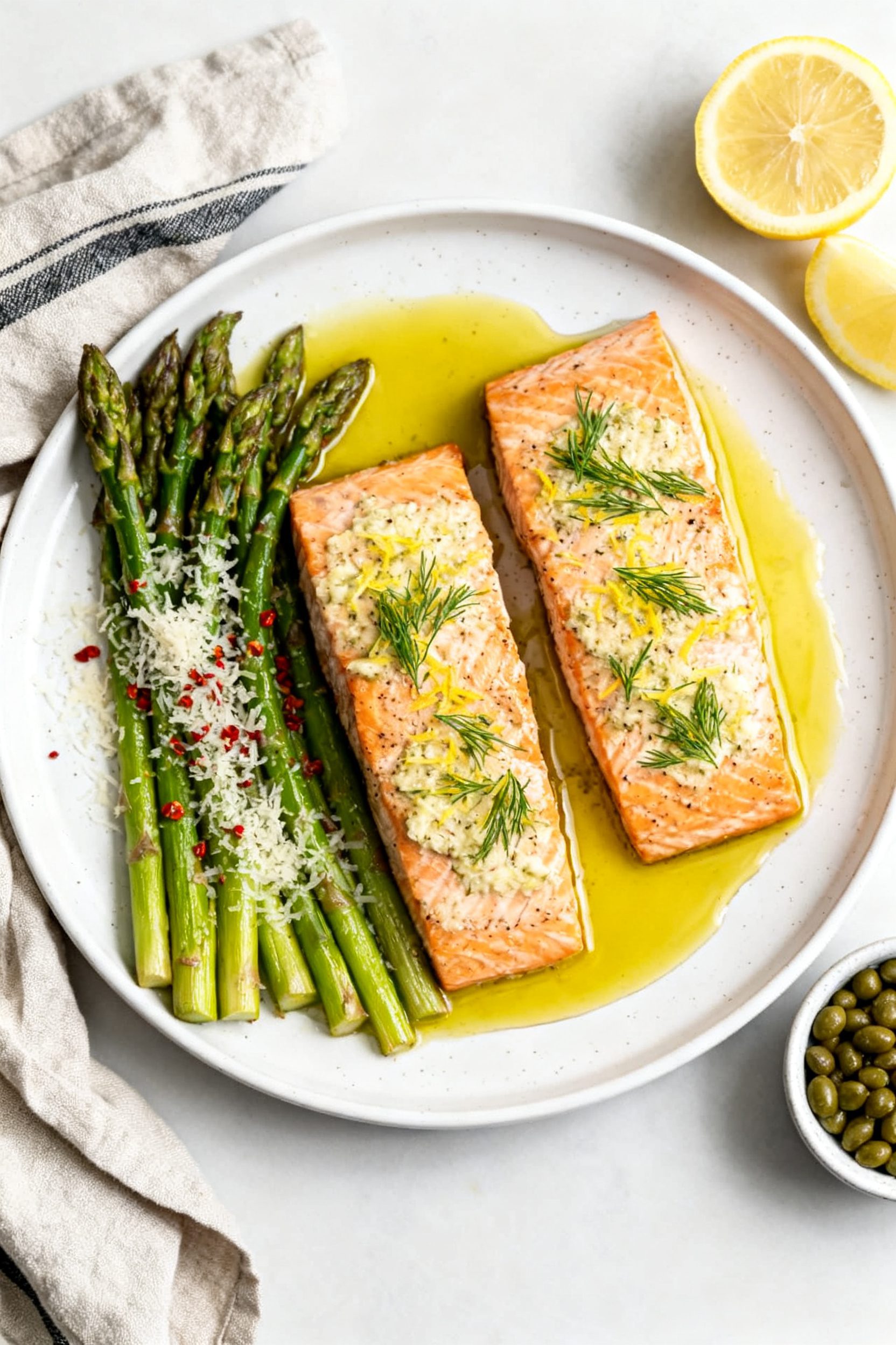 Final dish presentation: Beautifully plated Air Fryer Salmon and Asparagus on a white ceramic dinner