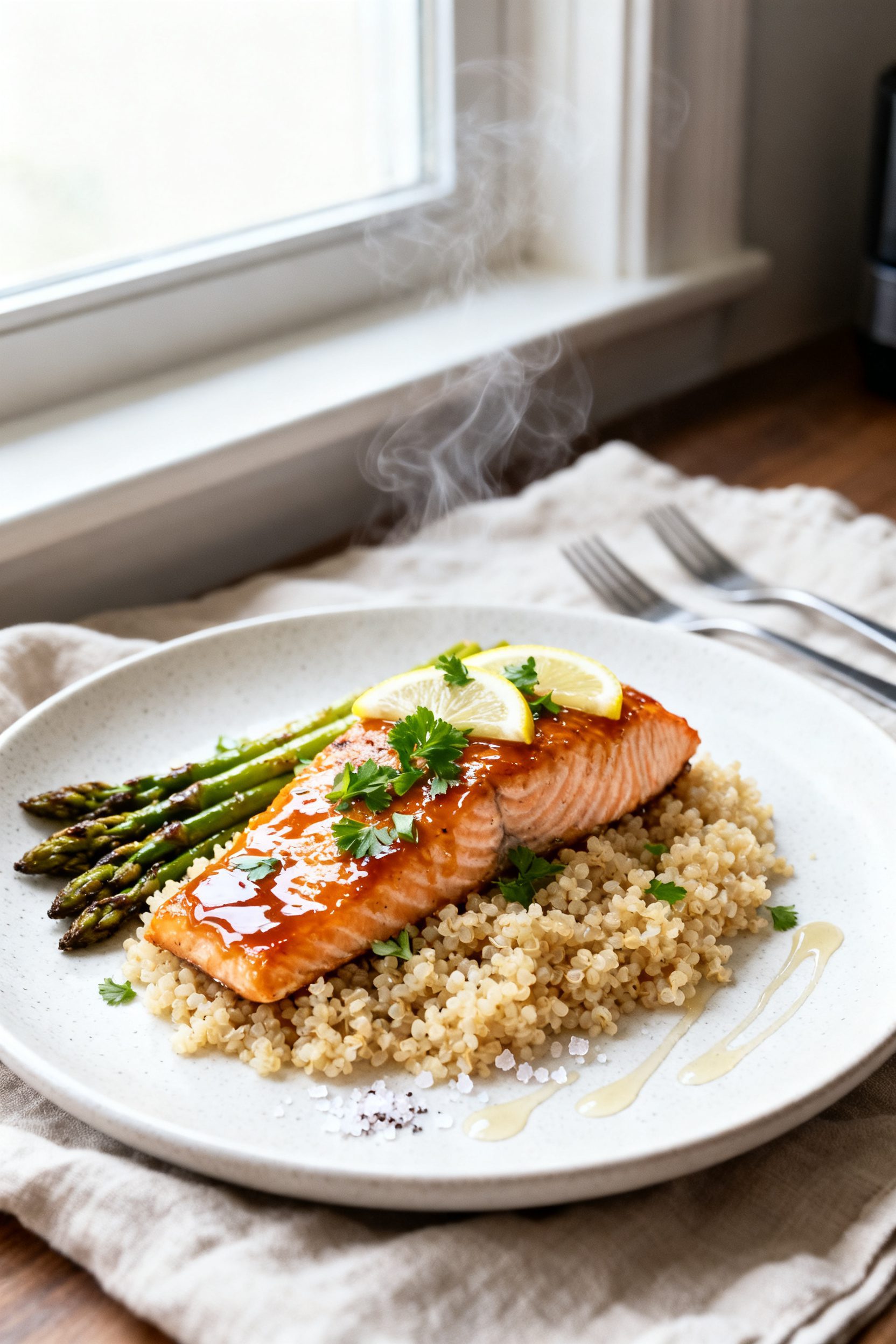 Final dish presentation: Beautifully plated Air Fryer Honey Lemon Salmon on a matte white plate over