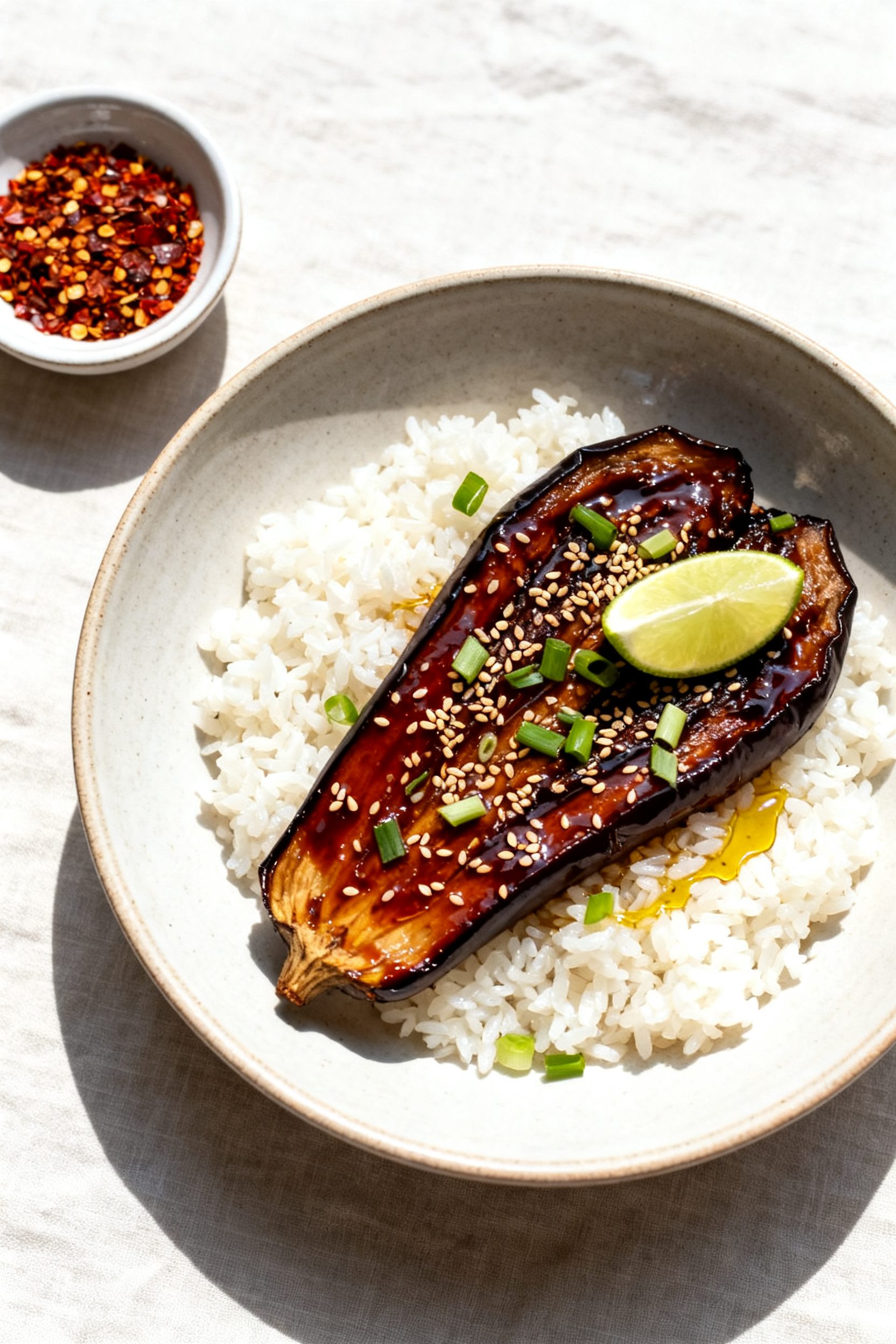Final dish presentation: Beautifully plated Air Fryer Miso Eggplant over fluffy steamed rice in a wi