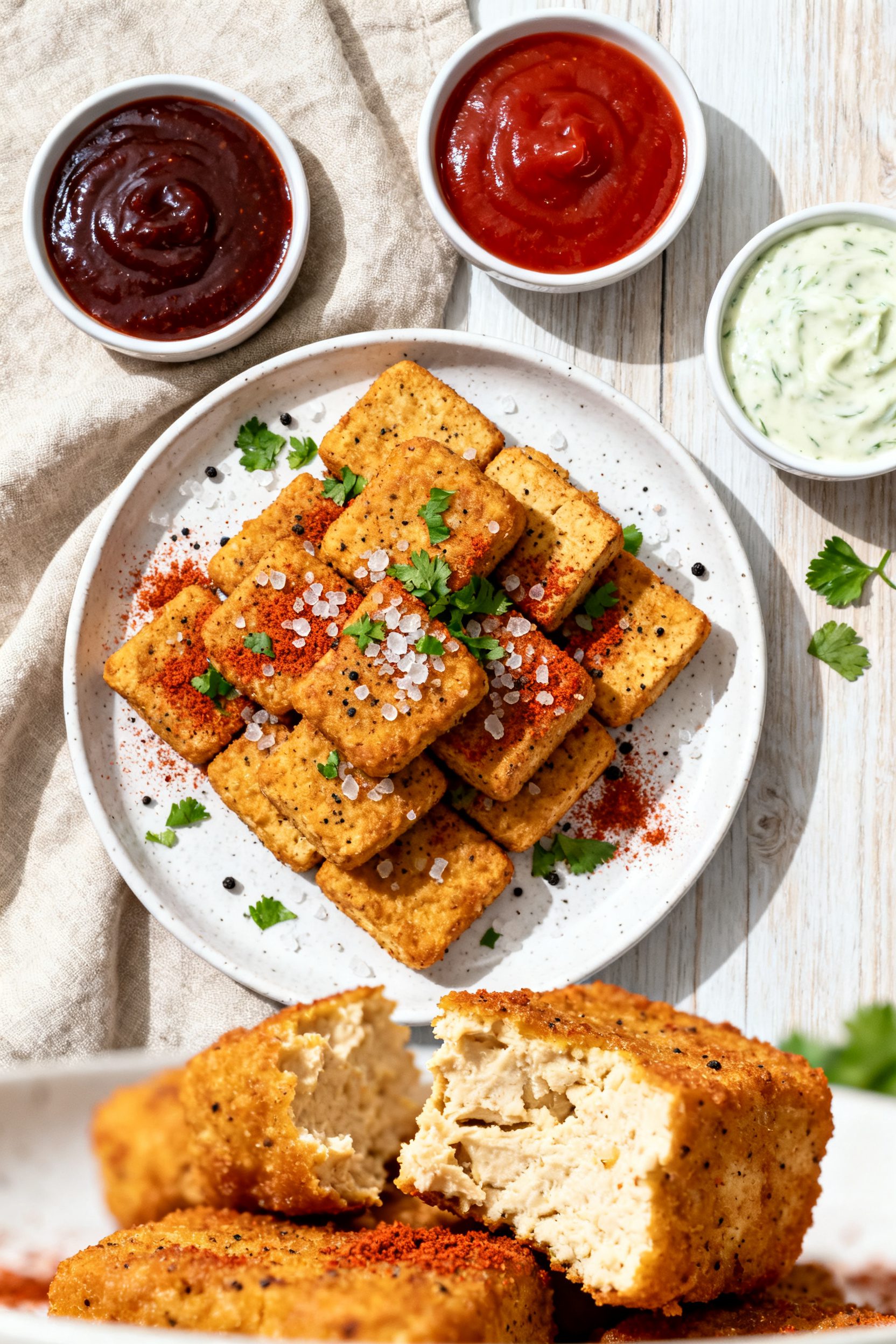 Final dish presentation: Beautifully plated air fryer tofu chicken nuggets stacked on a white cerami