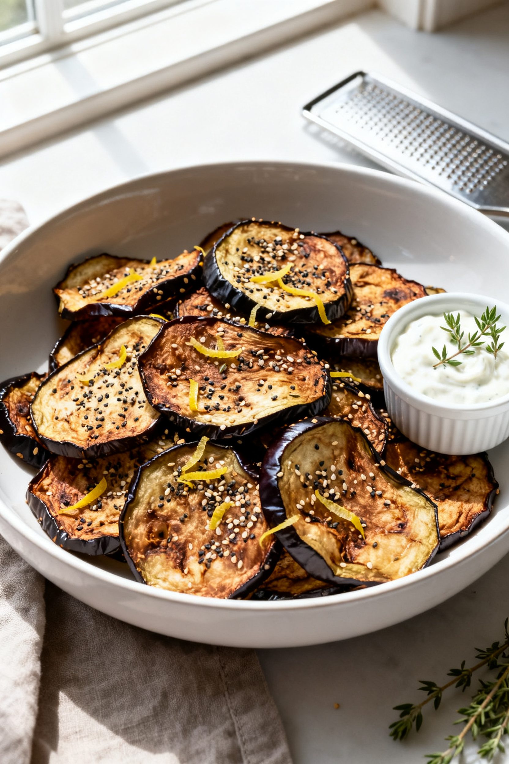 Final dish presentation: Beautifully plated Air Fryer Eggplant Chips in a low, wide white bowl, pile