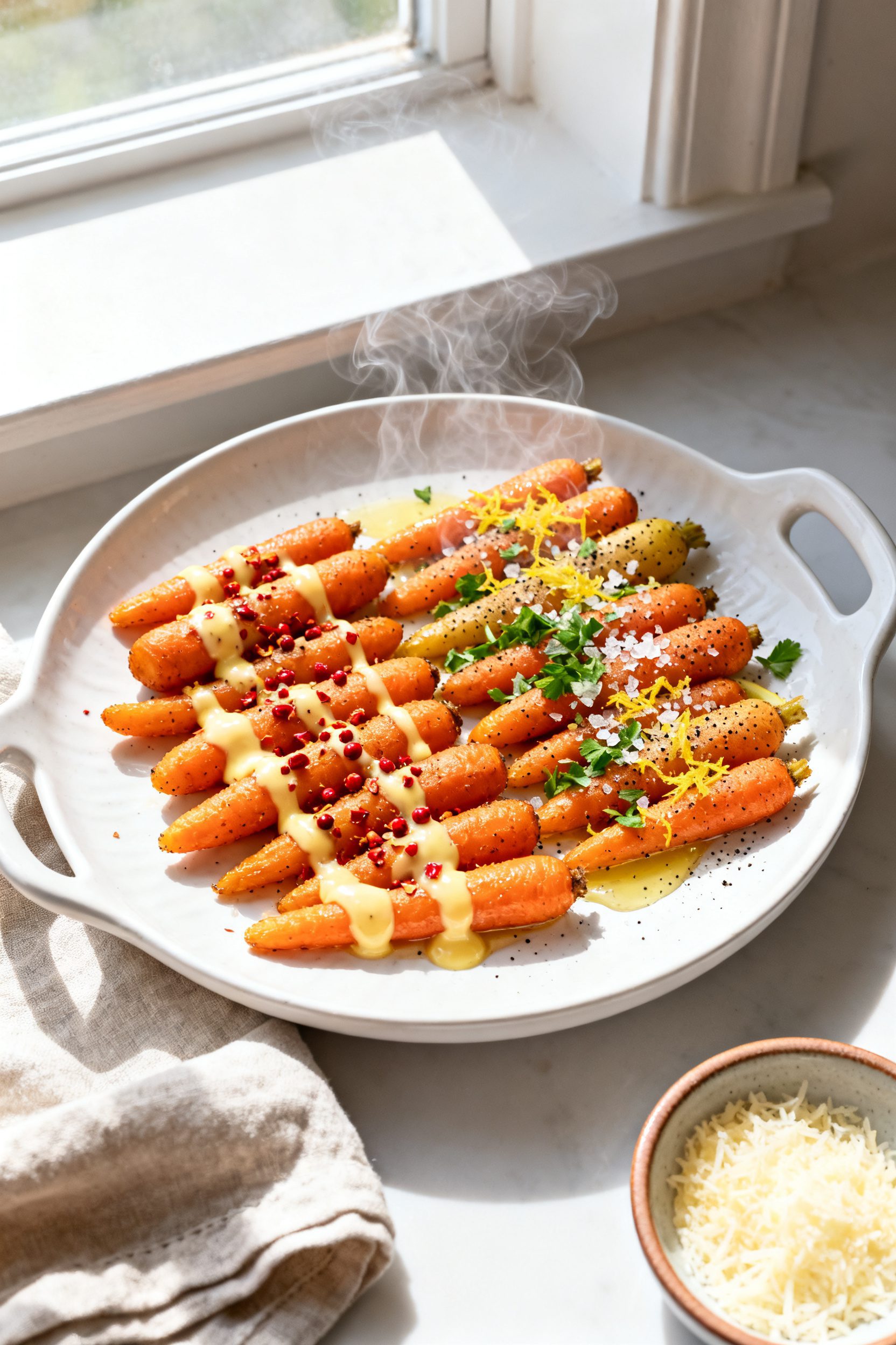 Final dish presentation: Beautifully plated air fryer baby carrots finished two ways on a white cera
