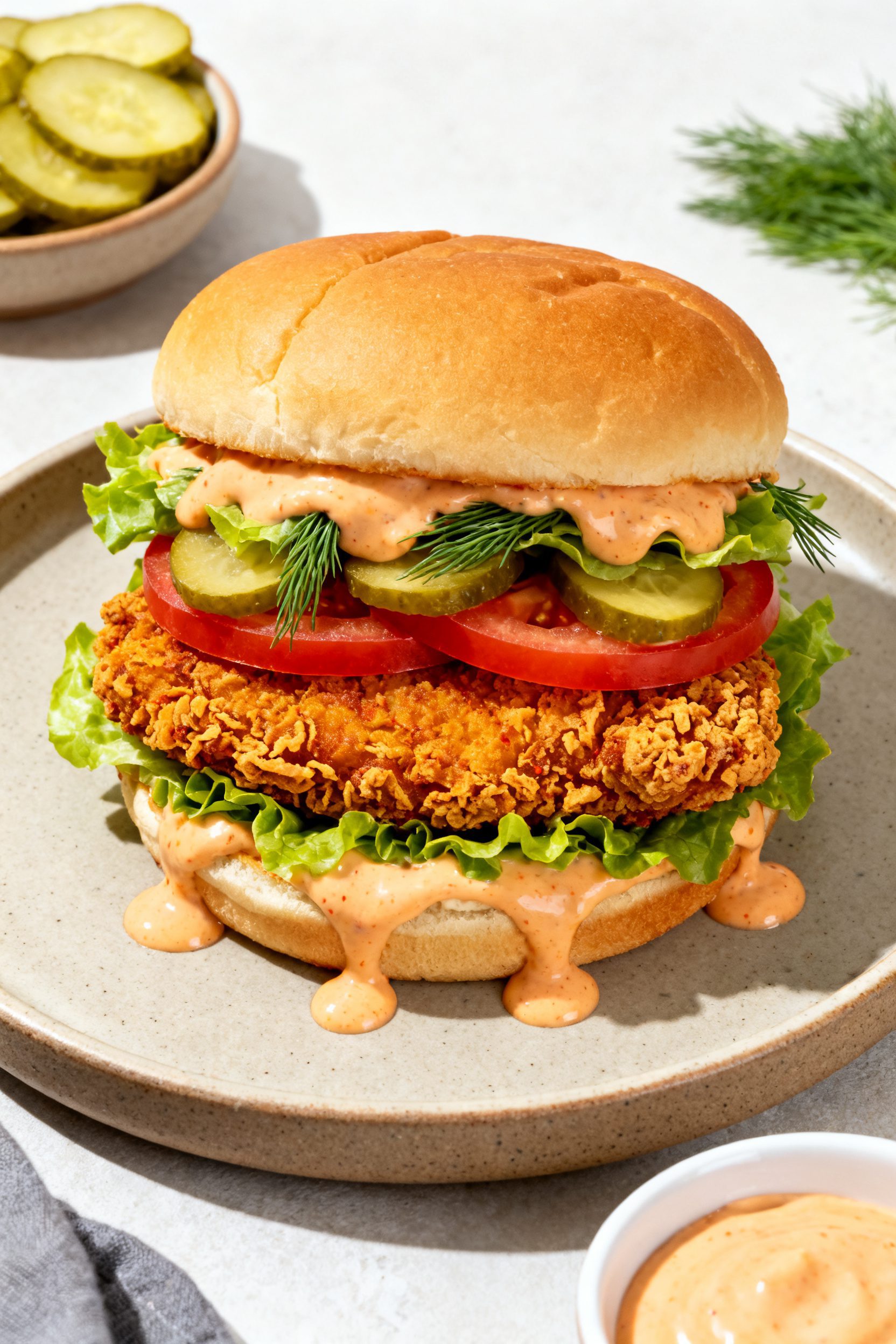 Final dish presentation: Beautifully plated Air Fryer Spicy Chicken Sandwich on a lightly toasted br