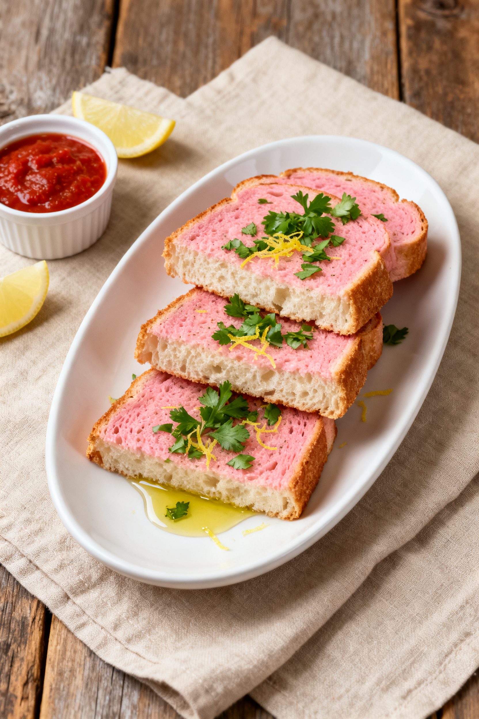Final dish presentation: Beautifully plated Air Fryer Pink Garlic Bread on a matte white oval platte