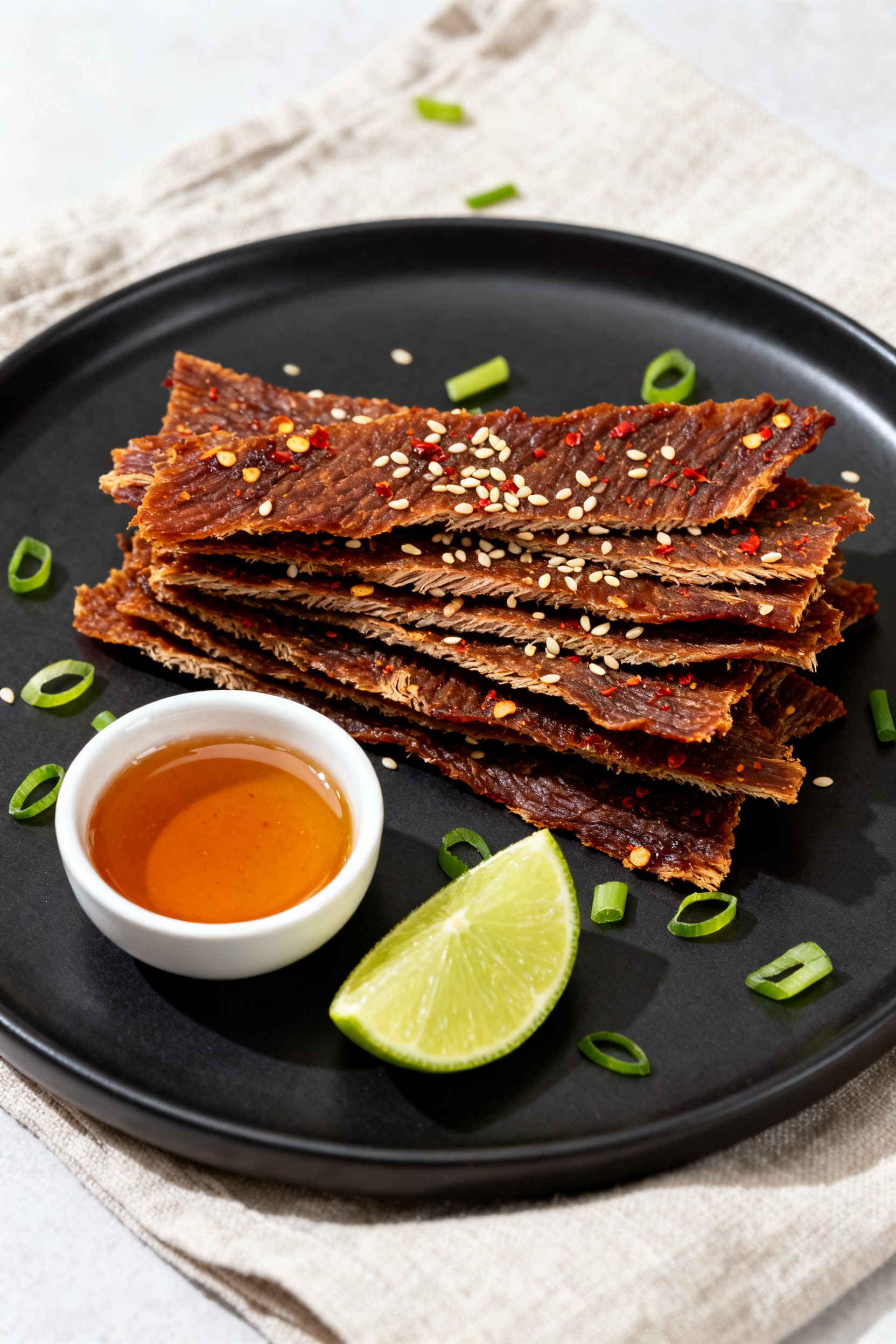 Final dish presentation: Beautifully plated air fryer turkey jerky, stacked and fanned on a matte bl
