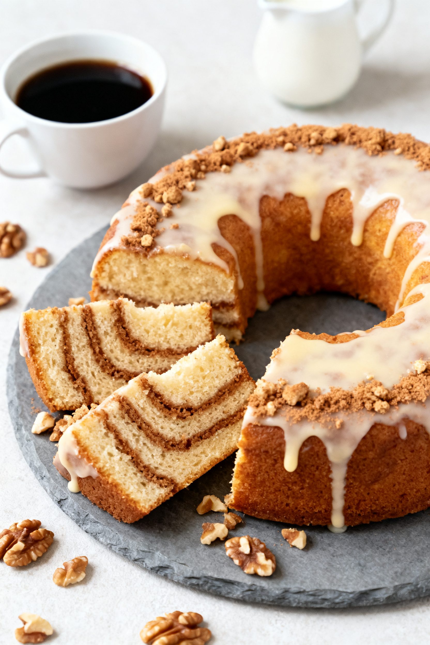 Final dish presentation: Beautifully plated air fryer coffee cake round on a slate-grey platter, fin