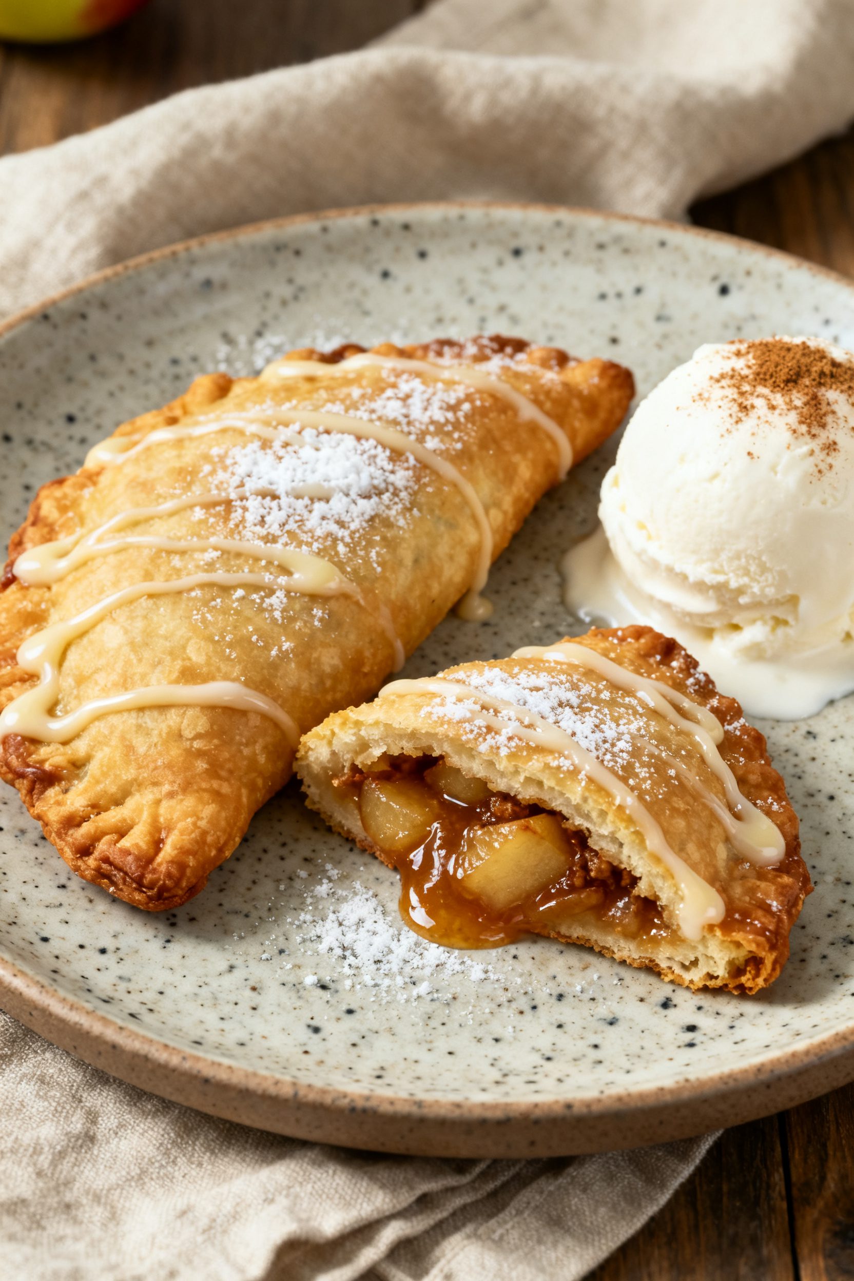 Final dish presentation: Beautifully plated air fryer fried apple pies served warm on a speckled sto