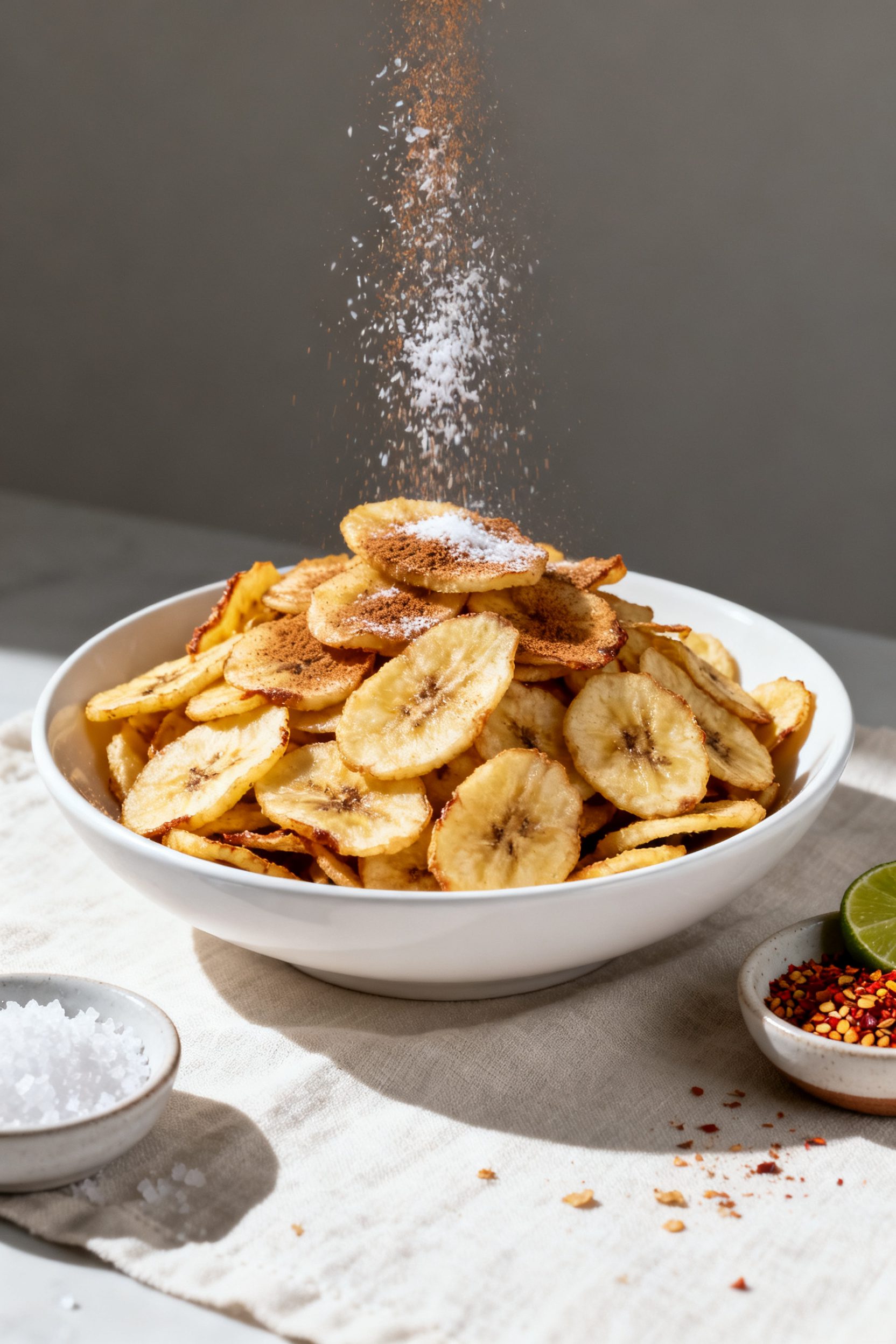 Final dish presentation: Beautifully plated air fryer banana chips in a low, wide white bowl, piled
